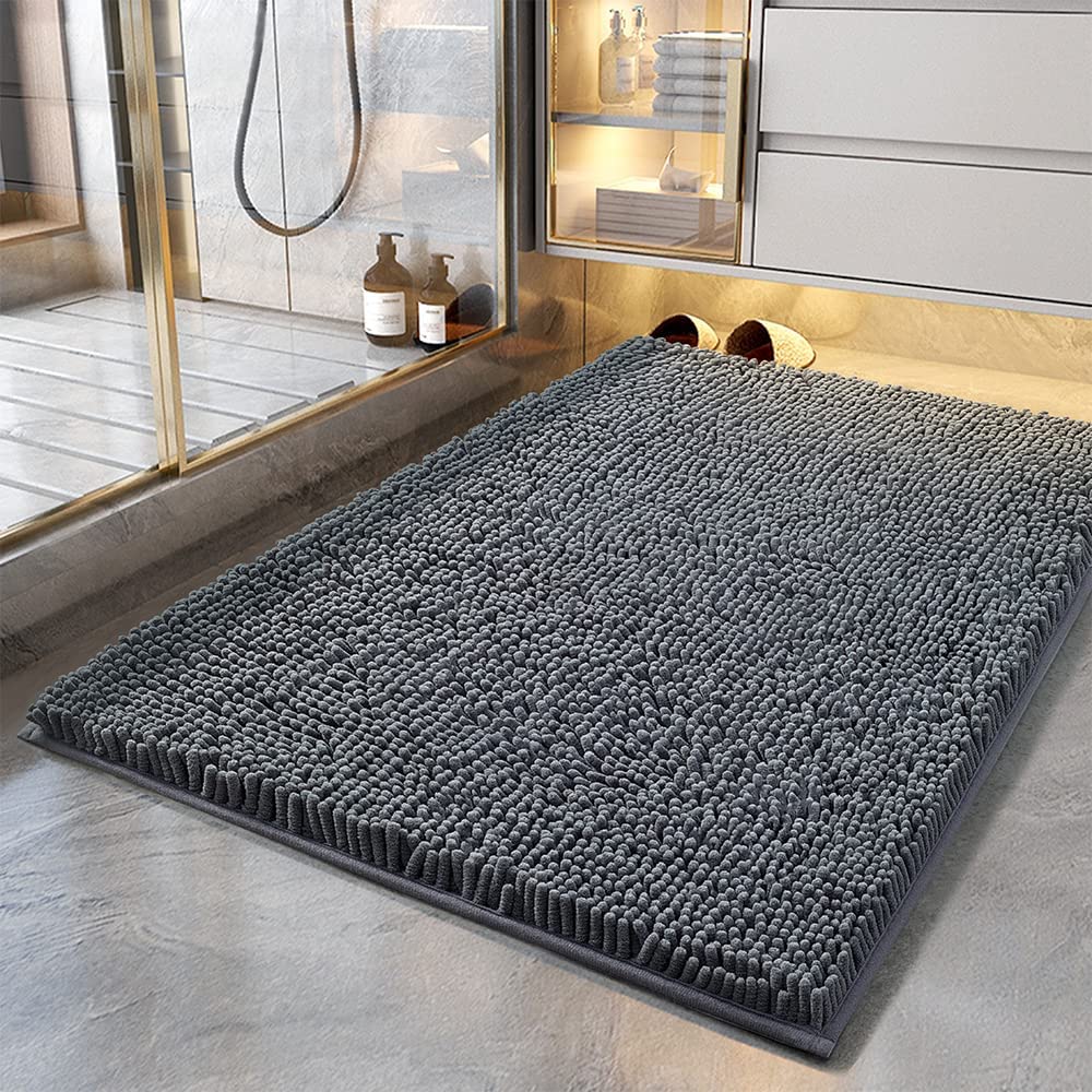 Bathroom Rug, Non Slip Bath Rugs, Soft Durable Thick Chenille Bath Mat (Dark Grey, 17"x24")