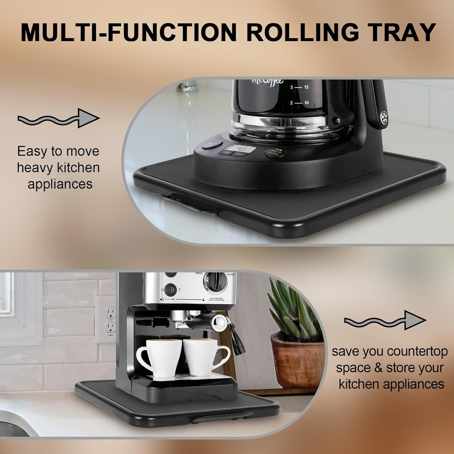 Coffee Maker Slider with Rolling Wheels Under Cabinet Countertop Storage Organizer