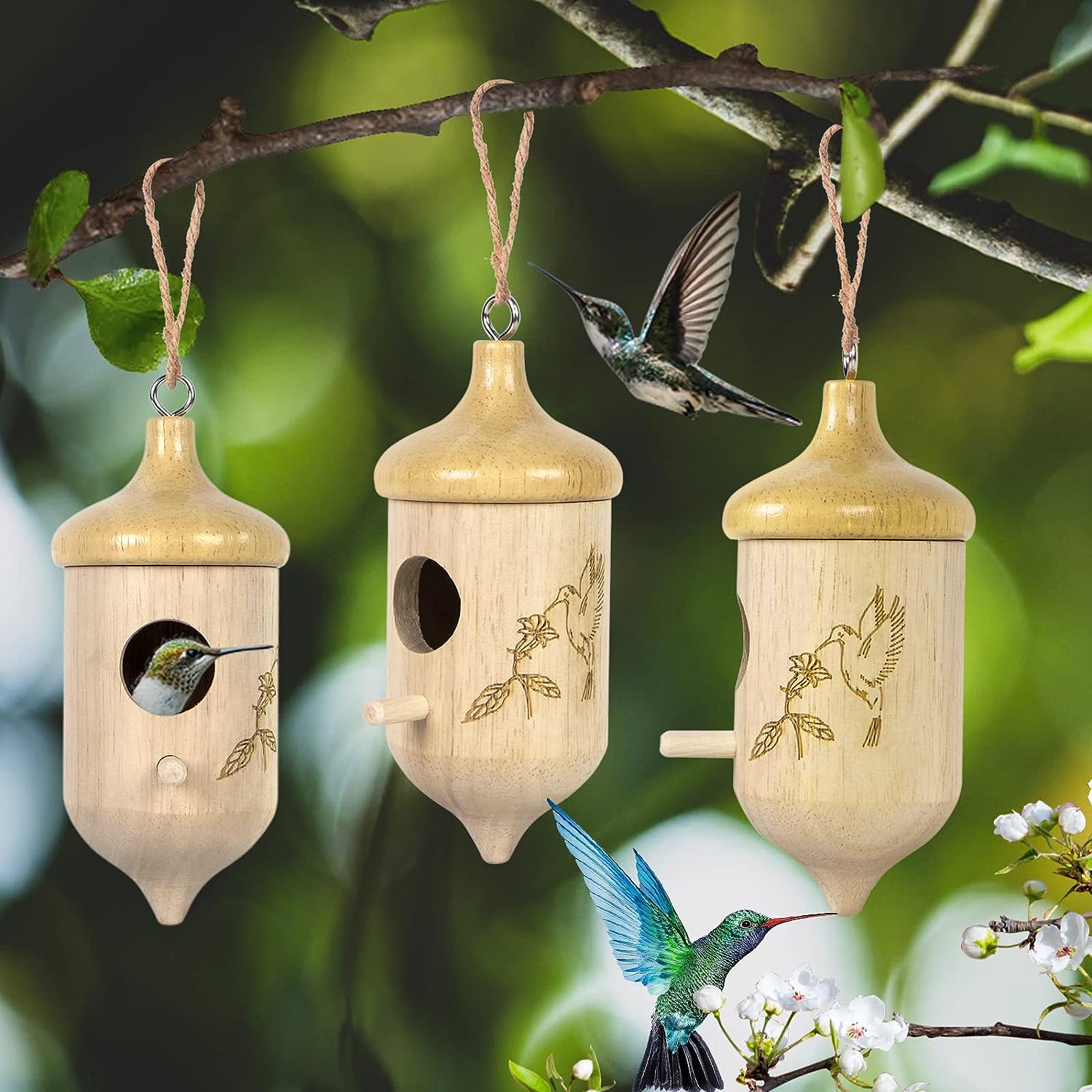 Wooden Hummingbird Houses Gardening Gifts Home Decoration, 3 Pack