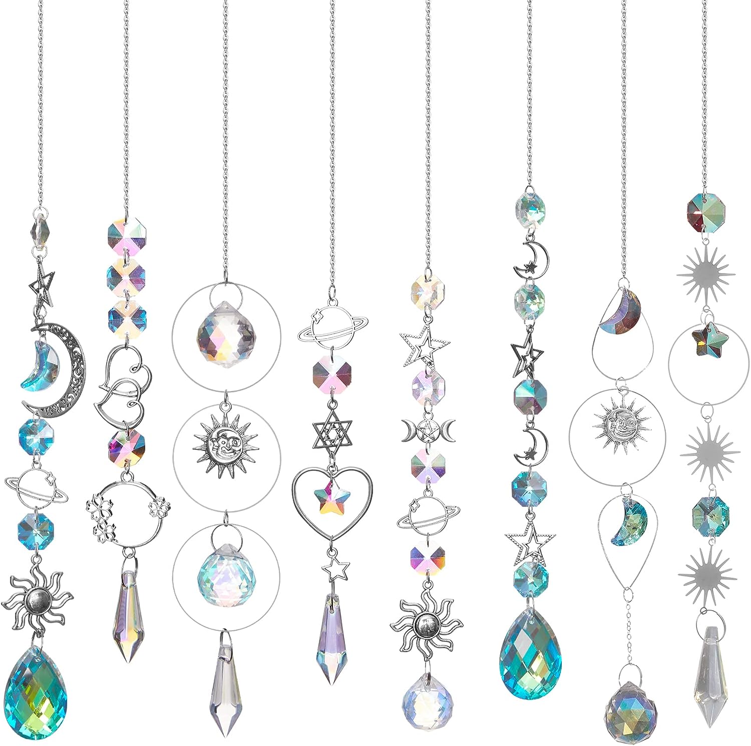 Sun Catchers 8 Pieces Window Hanging Colorful Sun Catchers Indoor Outdoor with Chain