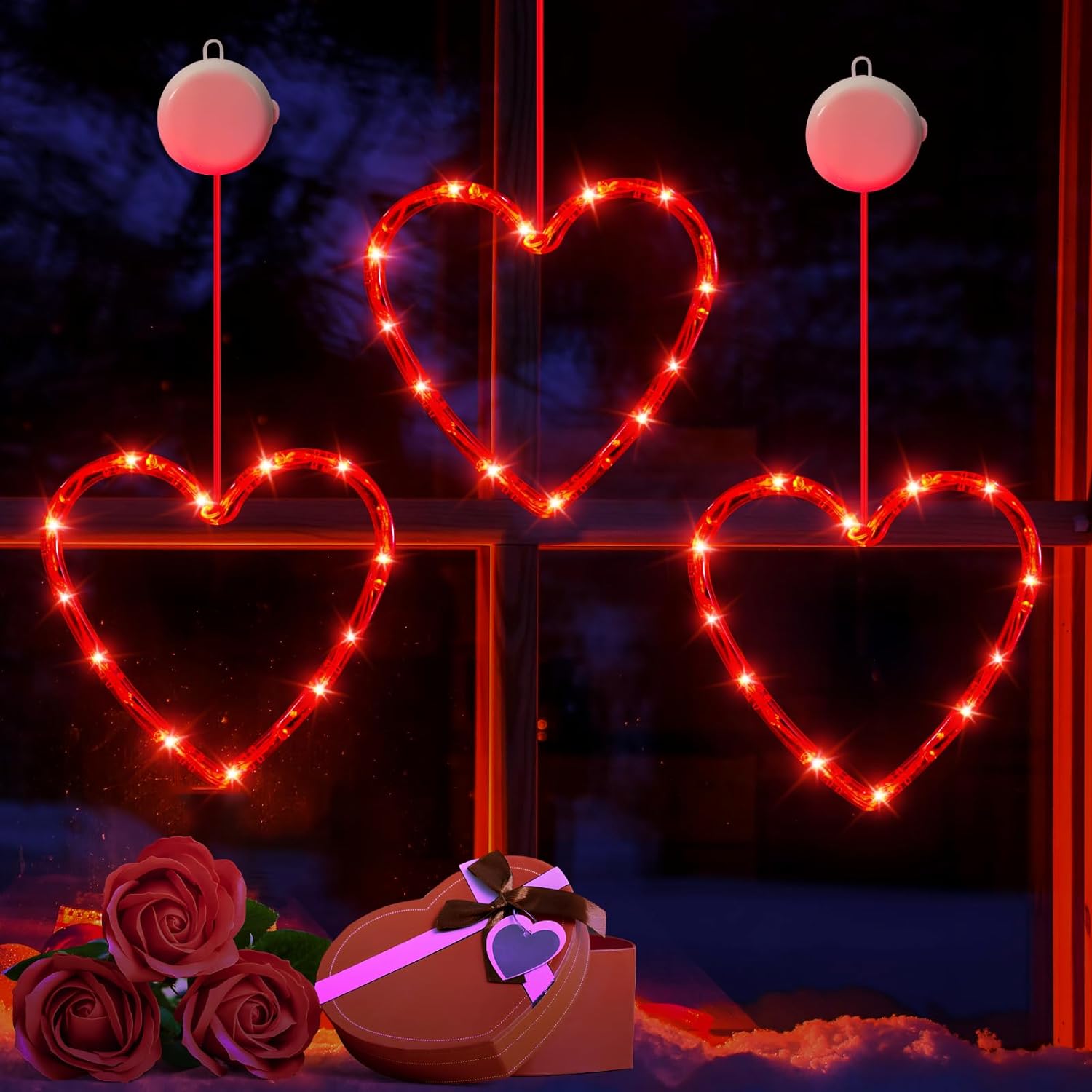 3 Pack Valentines Day Window Lights Decorations with Timer, Battery Powered Hanging Red