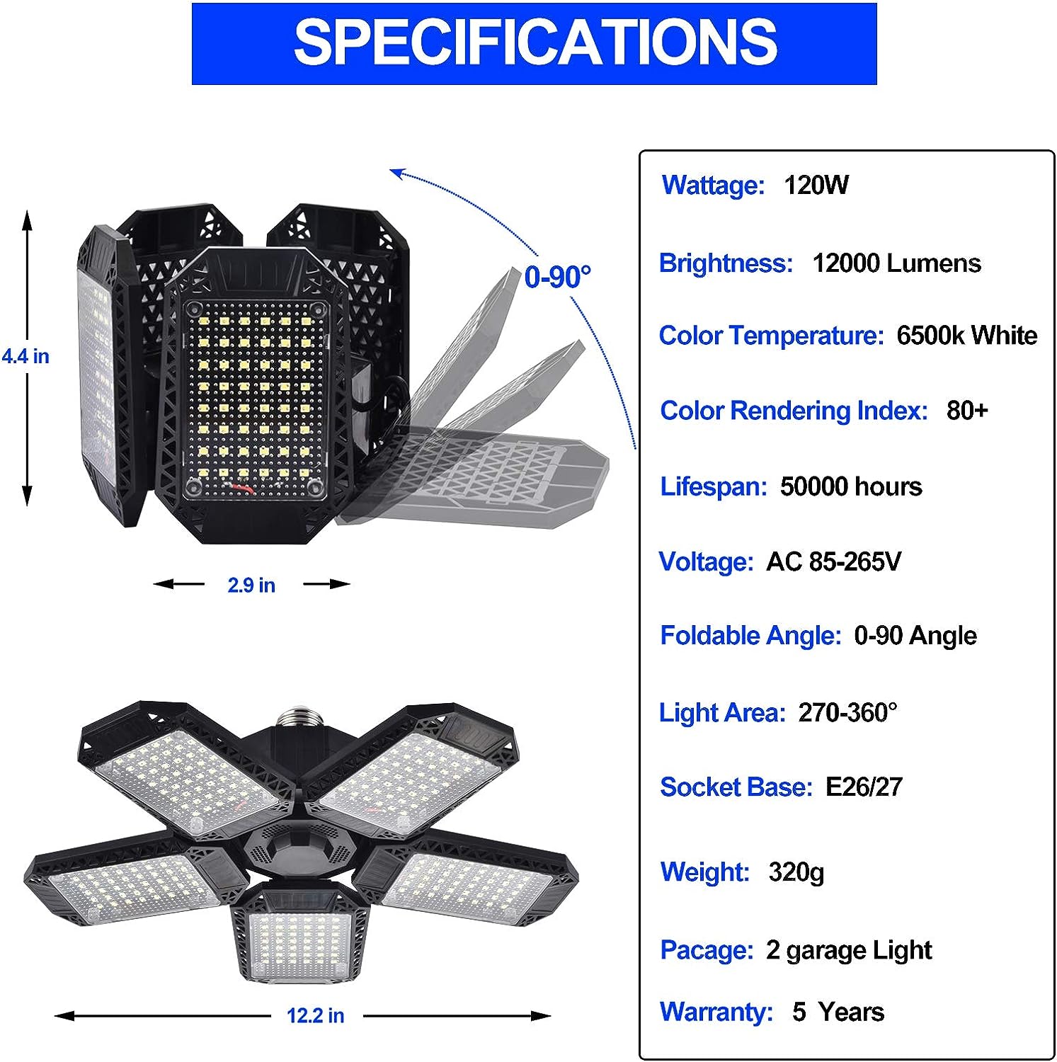 Garage Lights 2 Pack 120W Deformable LED Garage Ceiling Lights with 5 Adjustable Panels