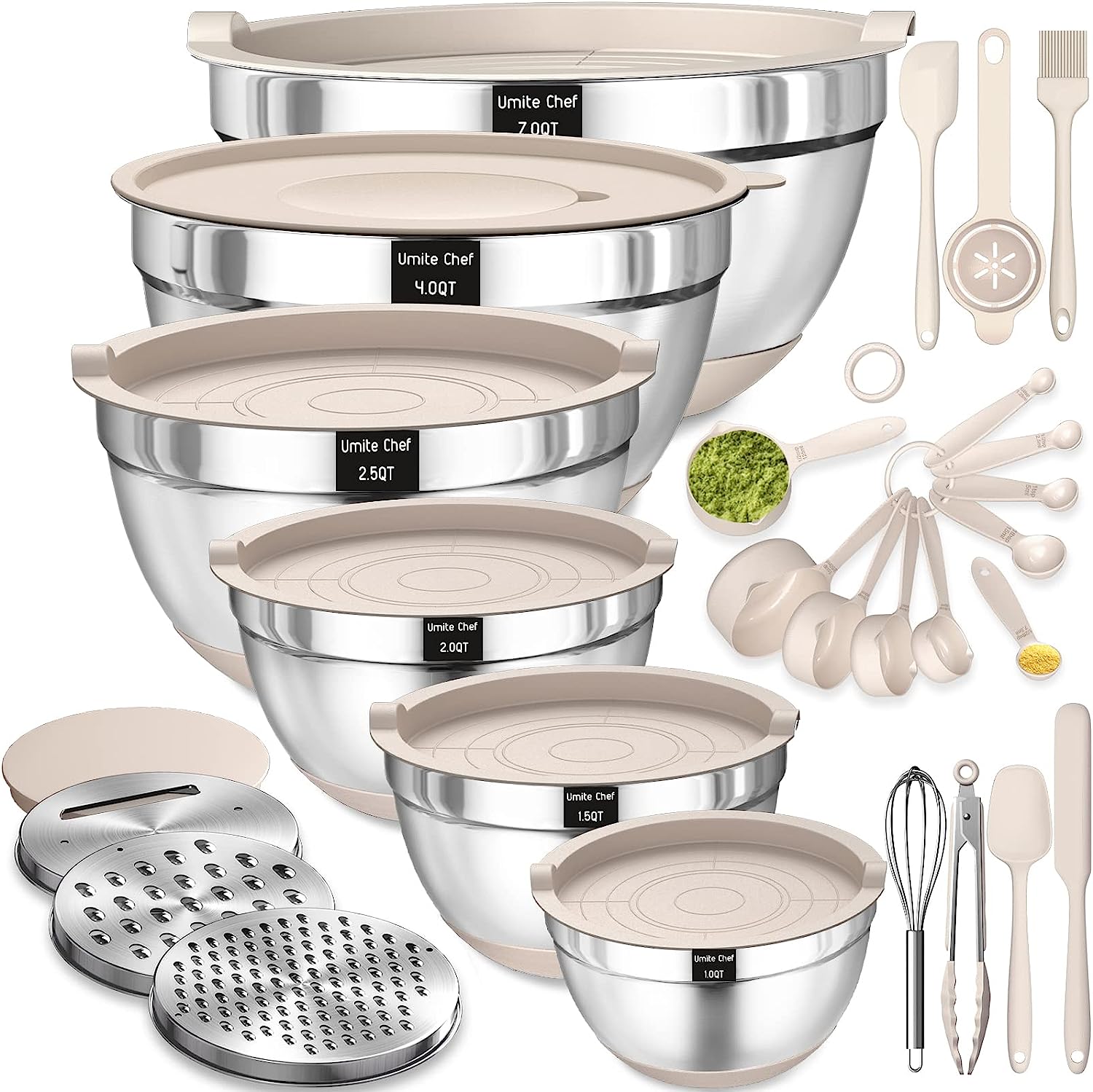 Mixing Bowls with Airtight Lids 26 Pieces Set Stainless Steel Khaki Bowls with Grater Attachments