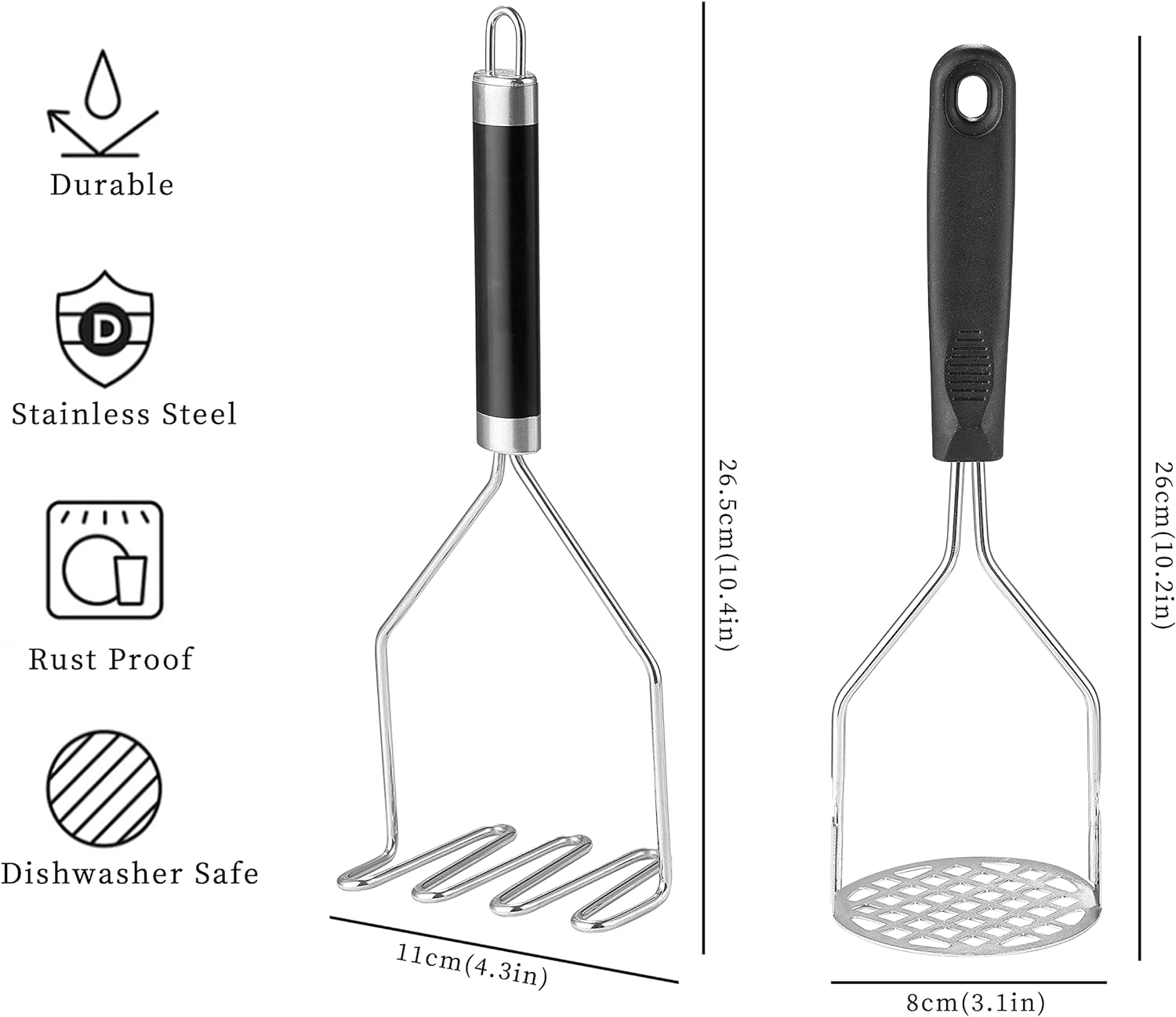 Potatoes Masher 2 Pieces Heavy Duty Stainless Steel 10.24" Potato Masher