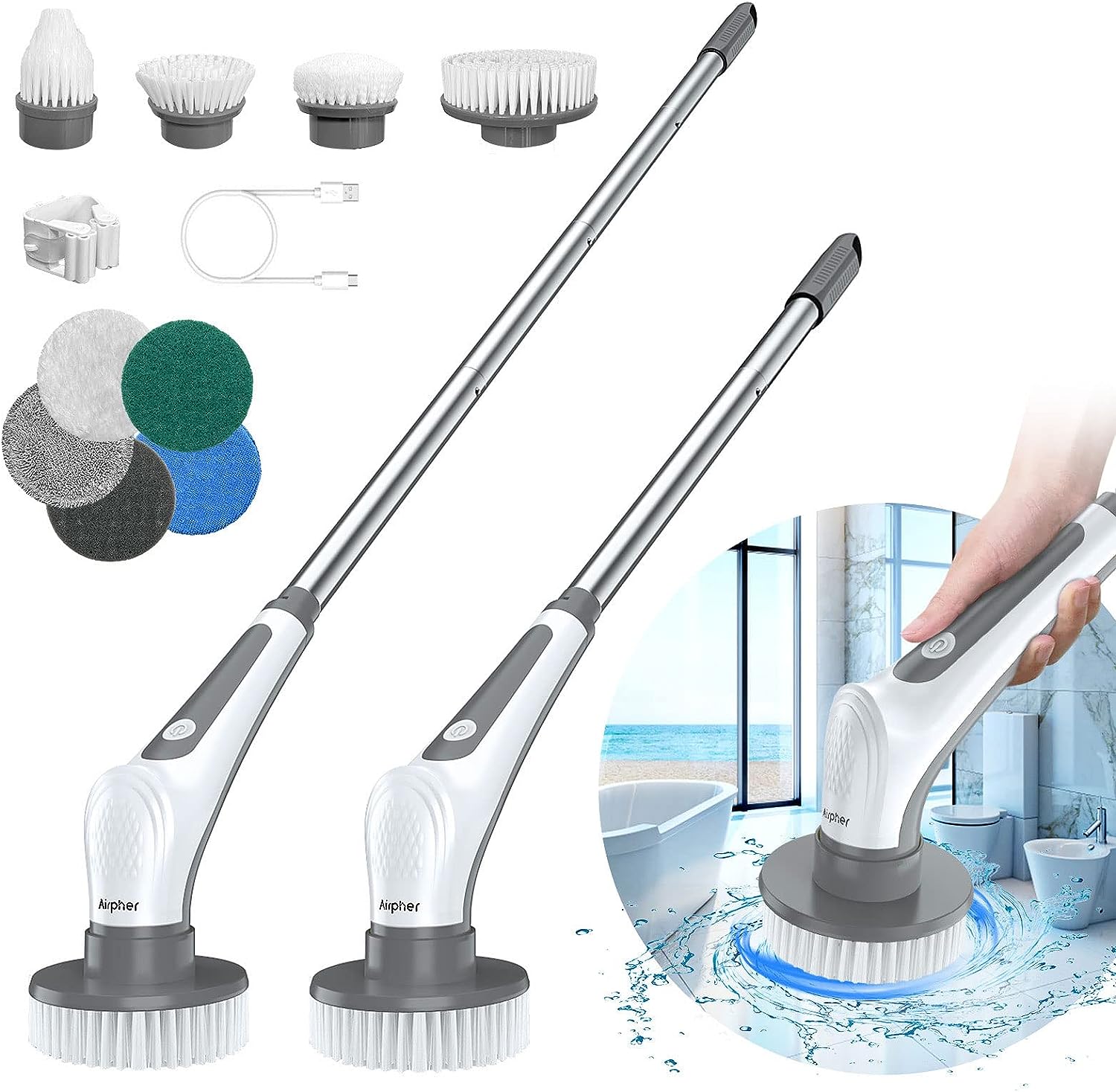 Electric Spin Scrubber, 10 in 1 Airpher Cordless Cleaning Brush IPX8 with 9 Replaceable Brush Heads and 4 Tier Removable Handle