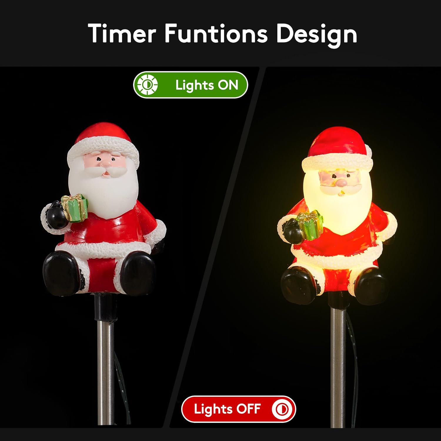 Christmas Santa Claus String Lights with Stainless Steel Stakes, 4 Packs Battery Operated Pathway Lights with IP65 Waterproof and Timer