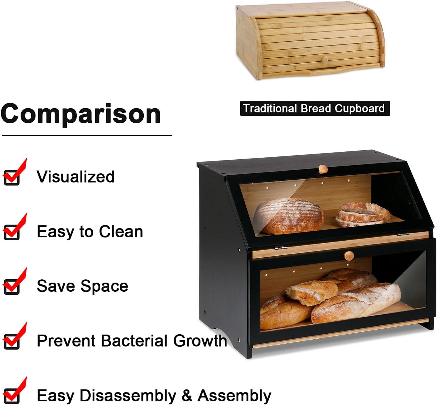 Double Layer Large Wooden  Bread Box for Kitchen Counter (Black)