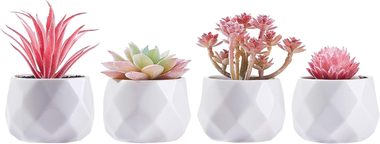 Artificial Succulent Plants Faux Succulents in White Ceramic Pots, Pink Decor