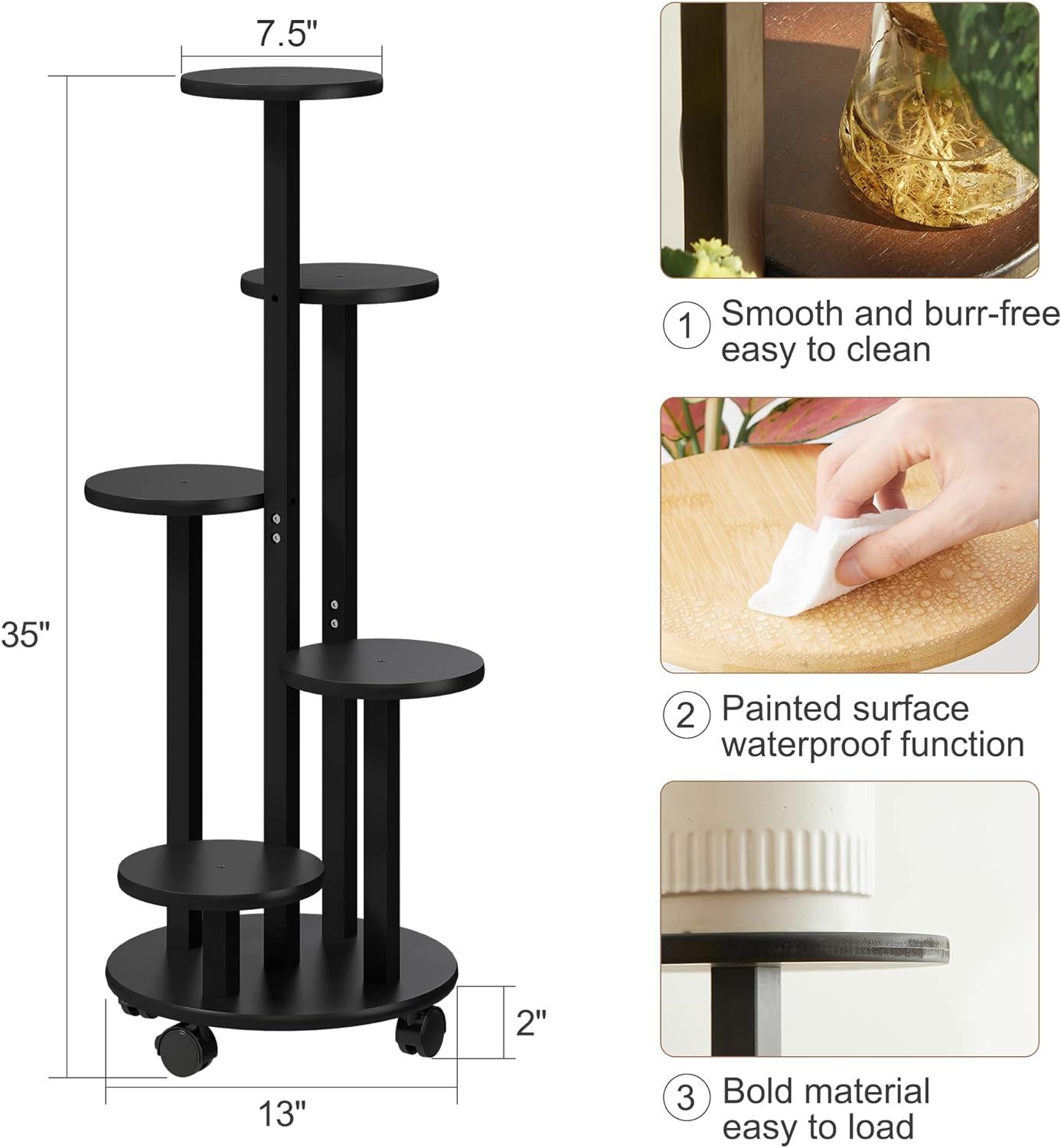 Plant Stand 5 Tier For Outdoor Indoor Tall Bamboo Movable Flower Stand With Wheels Plant Shelf Pot Holder Plants