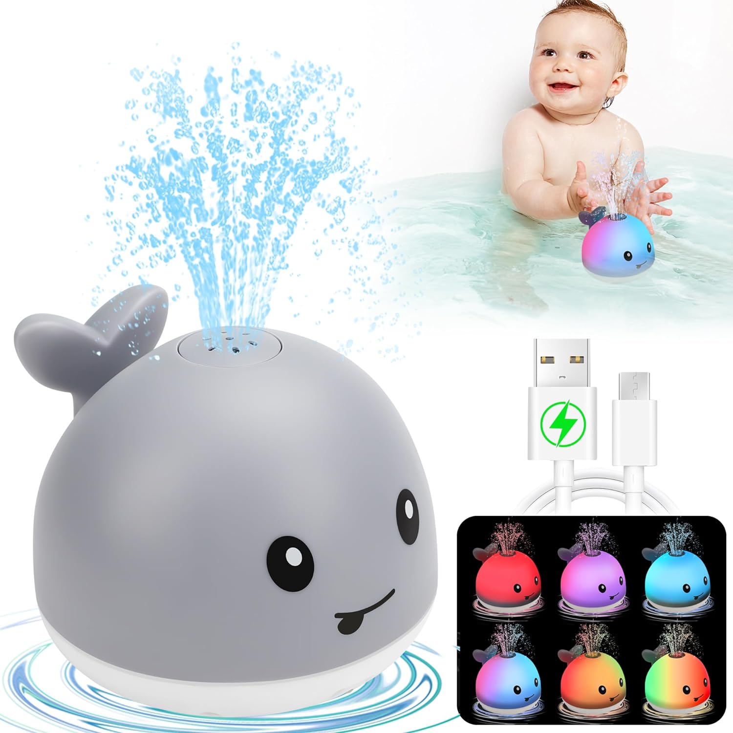 Bathtub Toys Whale Spray Water Light Up Baby Bath Toys, Gray