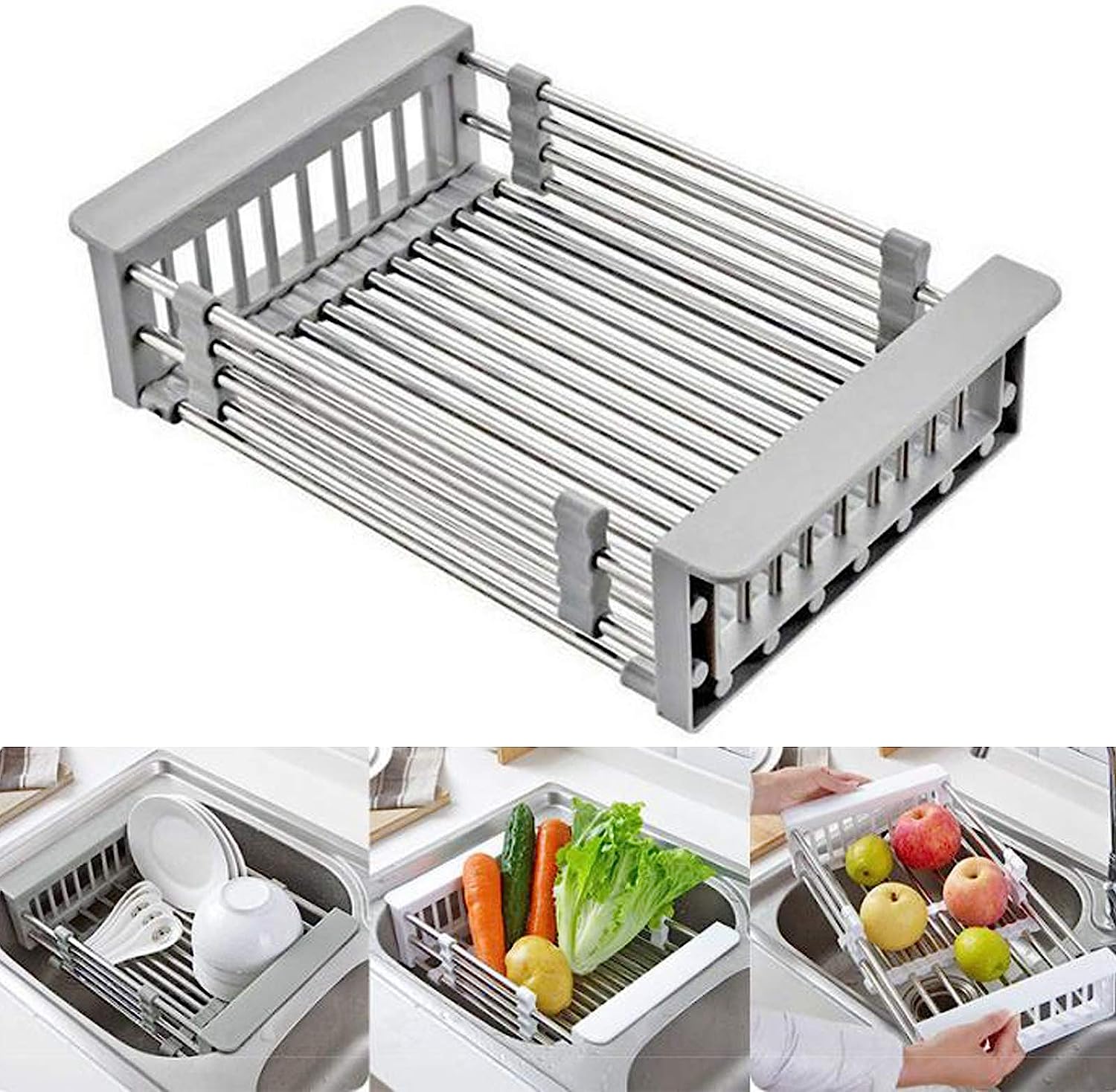 Retractable Stainless Steel Sink Strainer Drain, Telescopic Drain Basket with Adjustable Armrest, Kitchen Rack Drain Basket