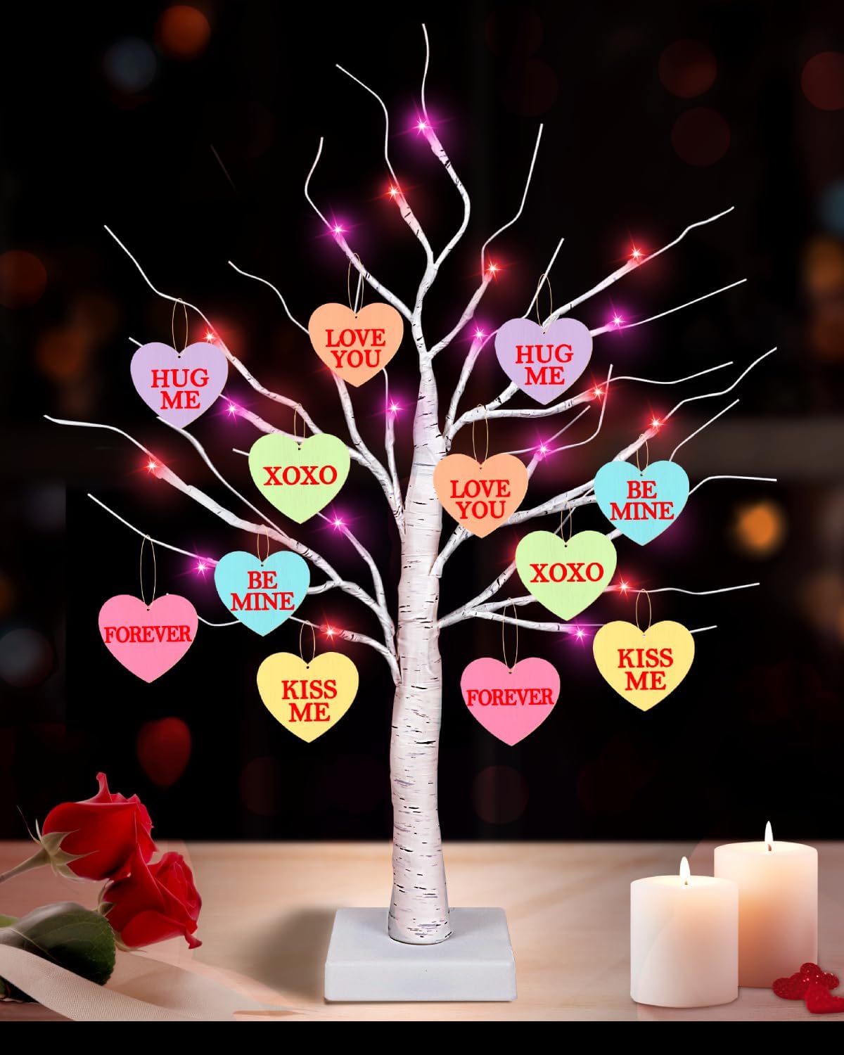 Valentines Day Decor 24" Lighted Valentines Decorations Tree with 12 Heart Ornaments with Timer, USB & Battery Operated Valentines Decor Tree