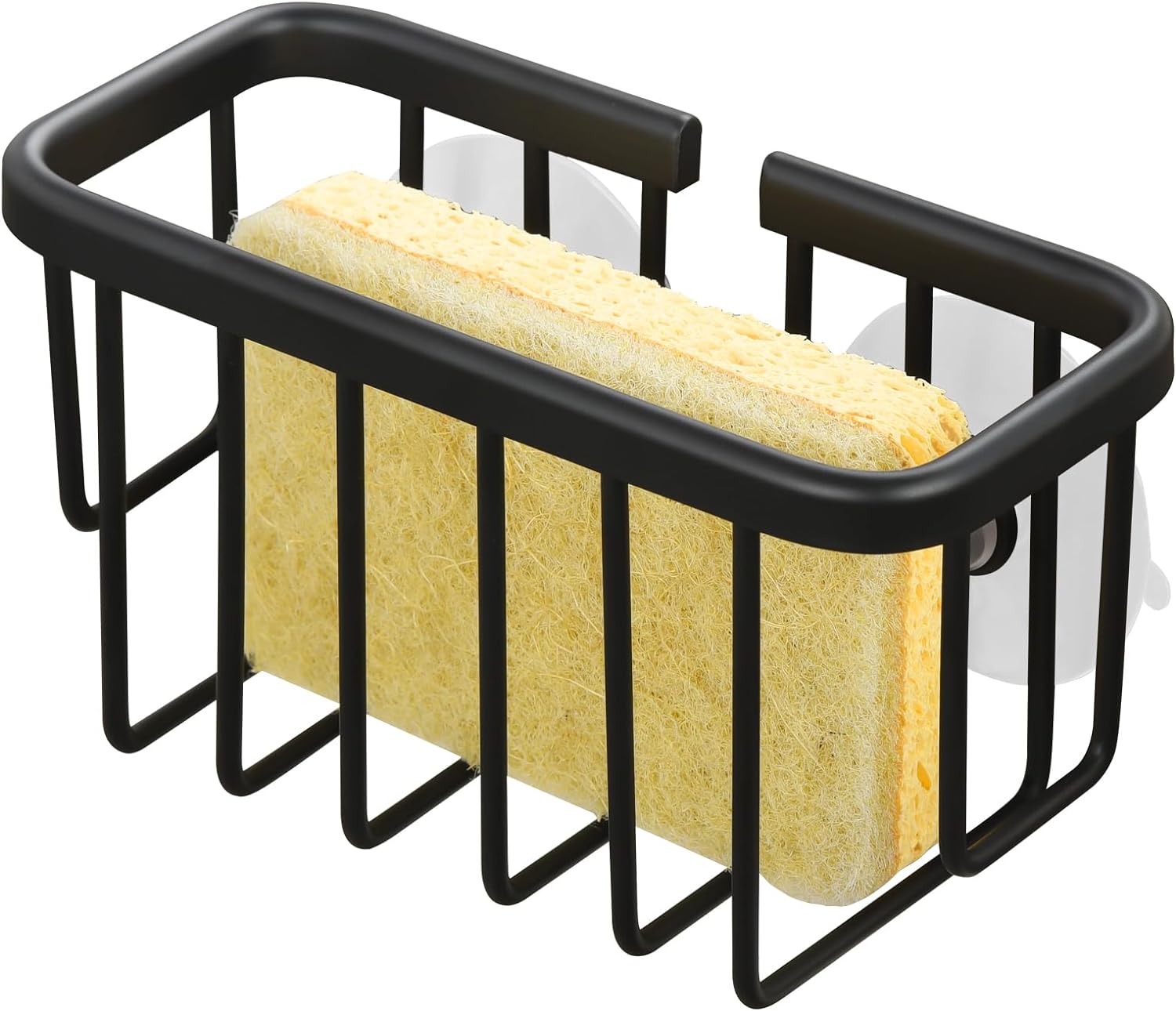 Aluminum Sponge Holder for Kitchen Sink, Kitchen Sink Organizer with Suction Cups & Adhesives Hooks, Black