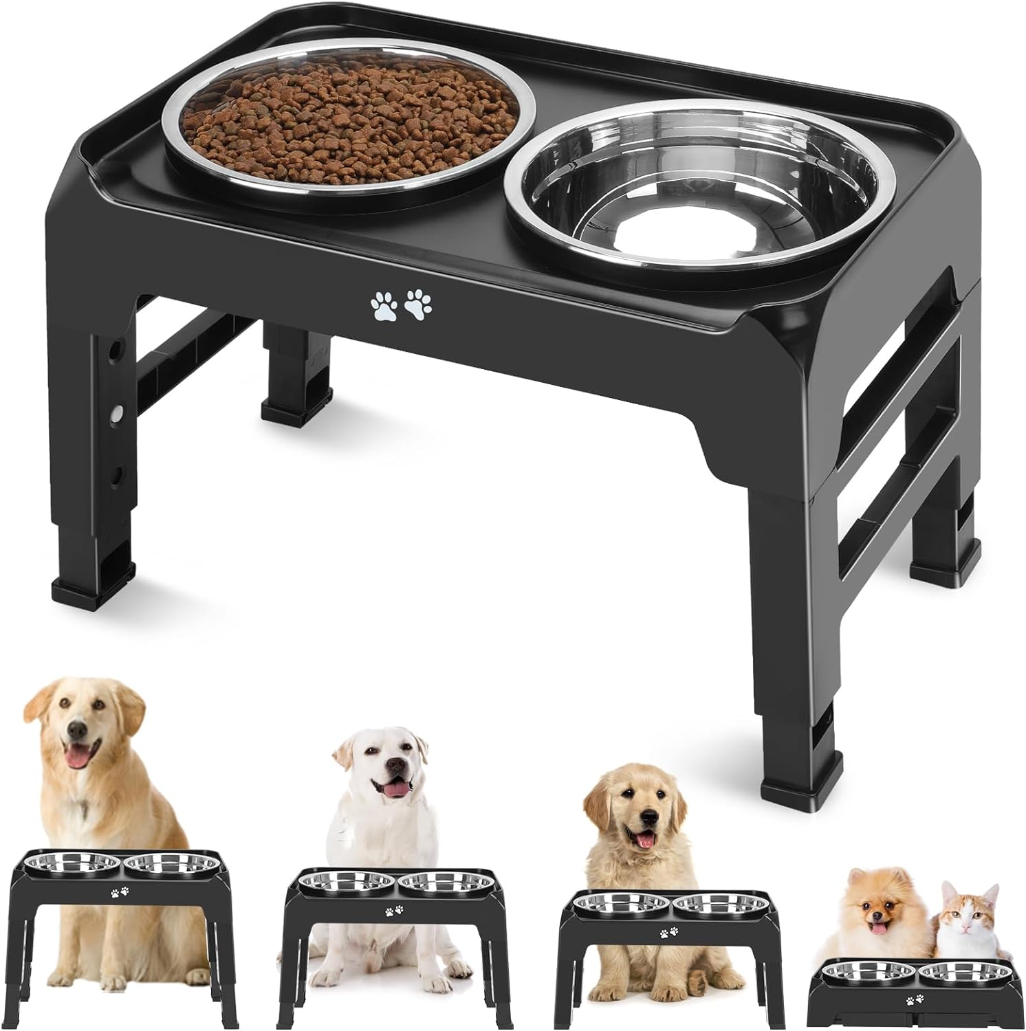 Adjustable Raised Dog Bowl Stand with 2 Thick 50oz Stainless Steel Dog Food Bowls, Black