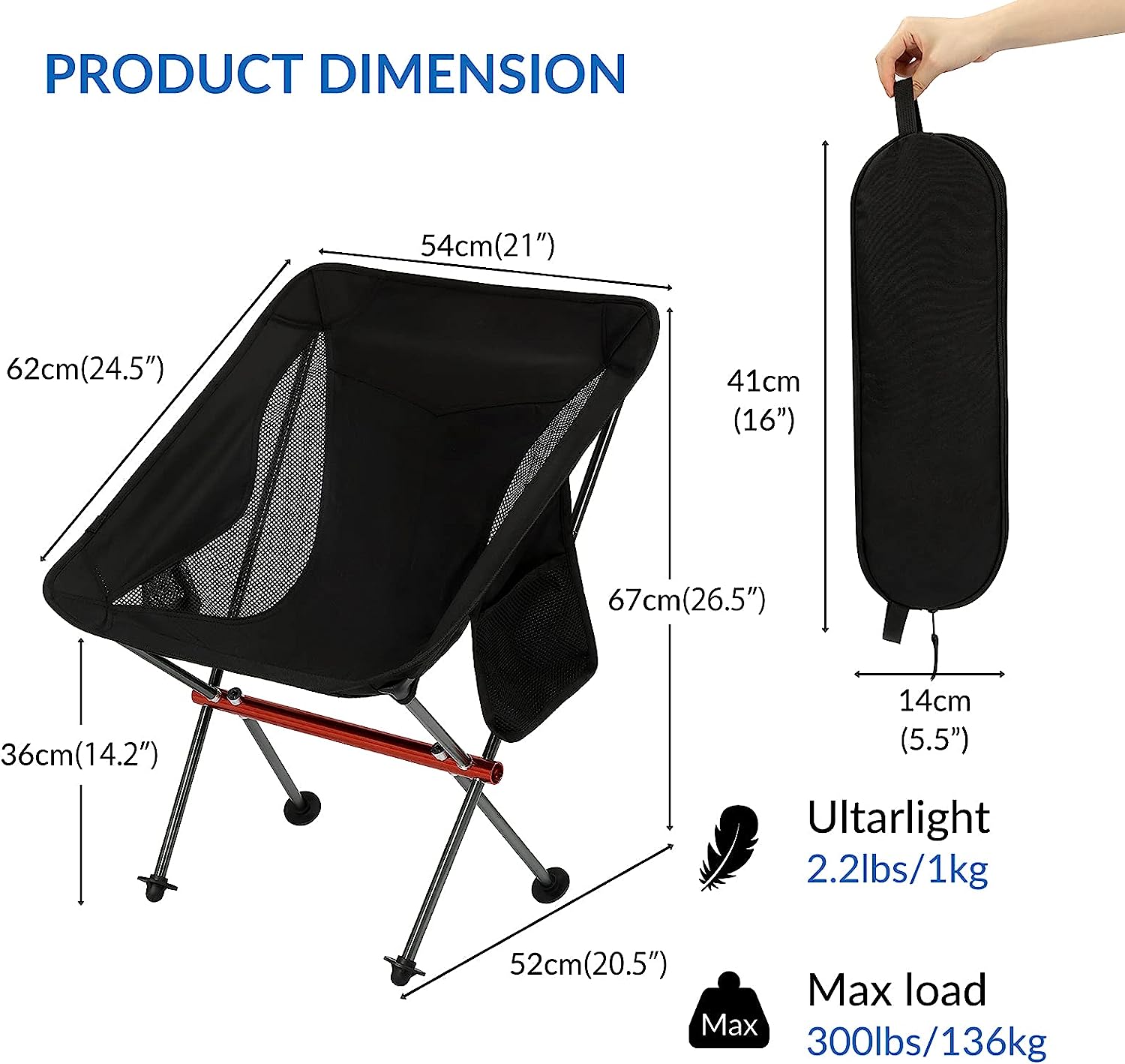 Portable Camping Chair, 300lbs Capacity with Wide Feet and Storage Bag, Black