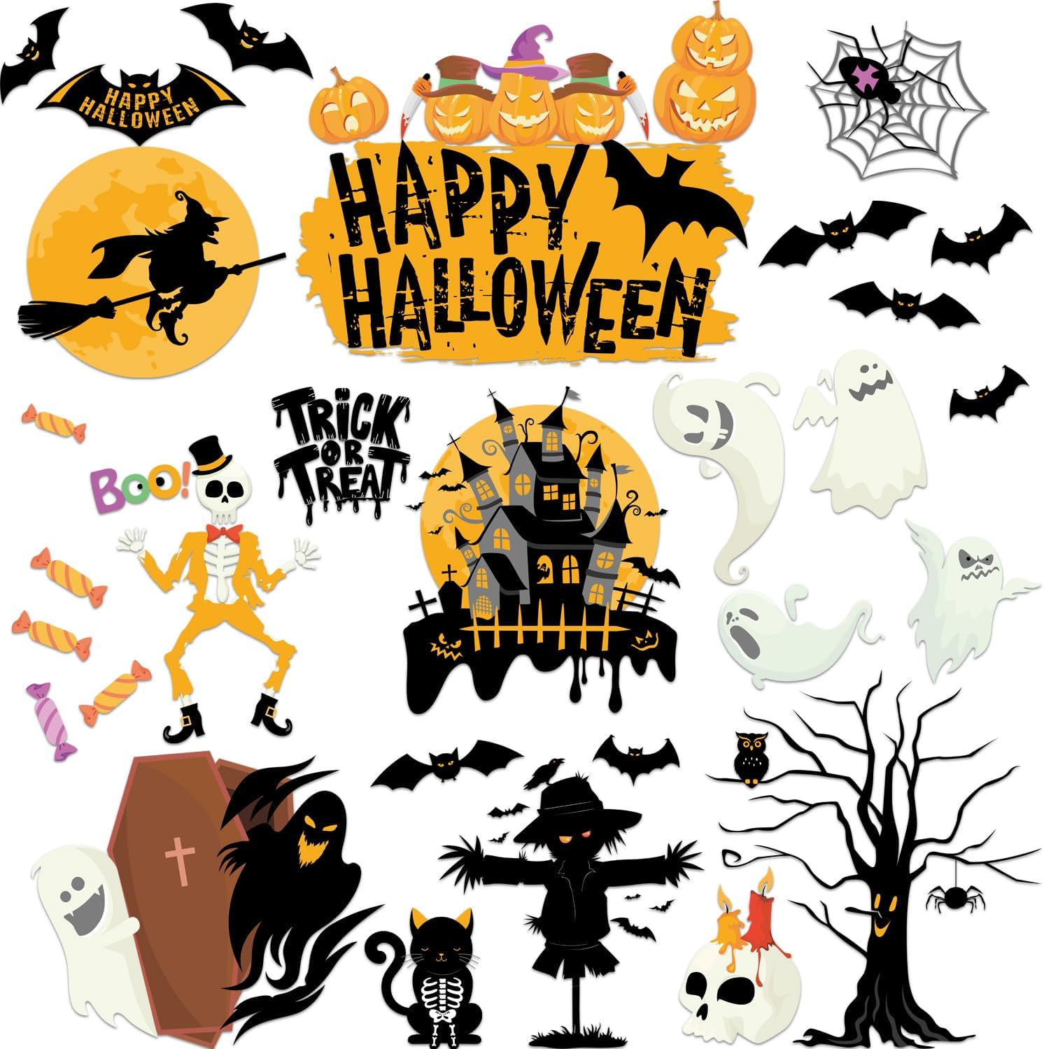 Halloween Crows Bats Spiders Ghost Window Stickers 6 Sheets Window Clings