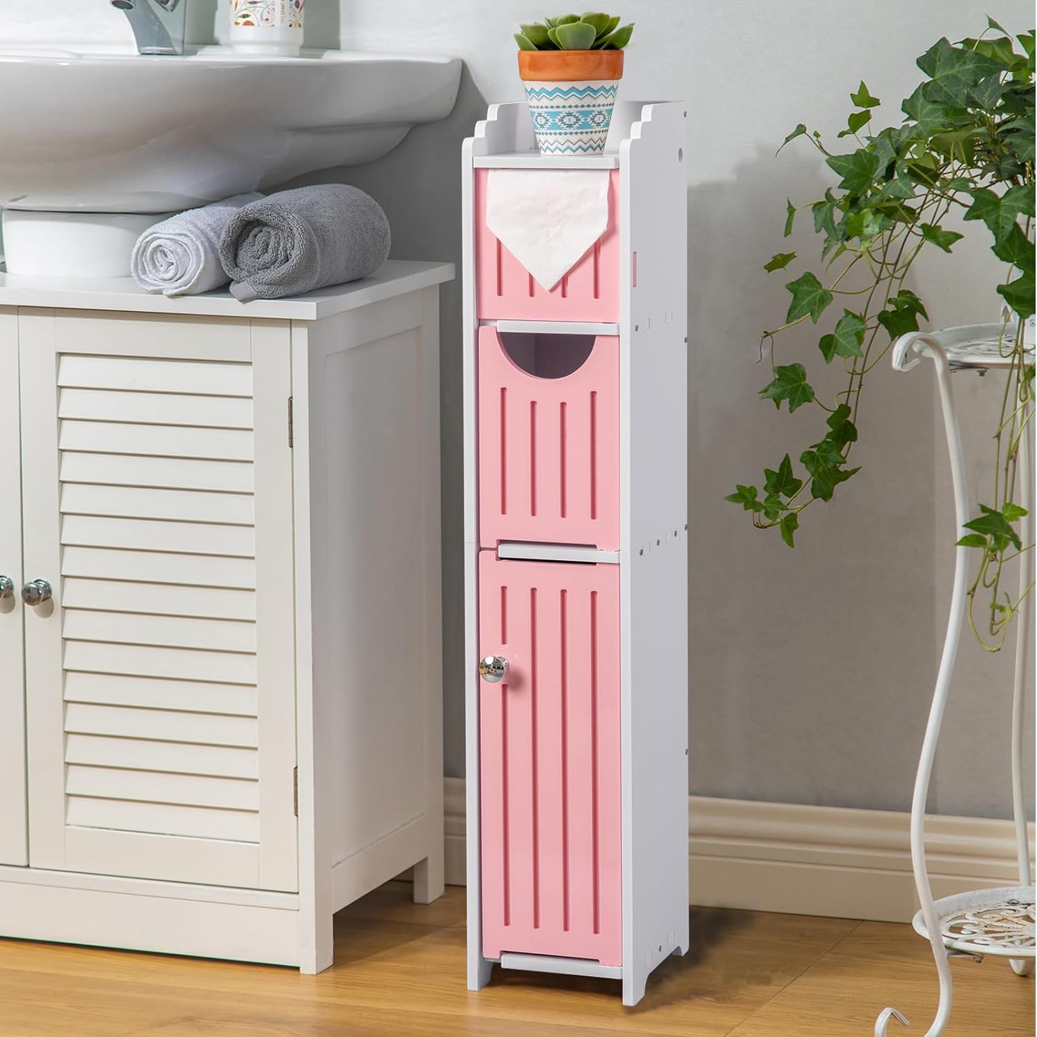 Bathroom Storage Cabinet Toilet Paper Cabinet Fit for Small Roll, Pink