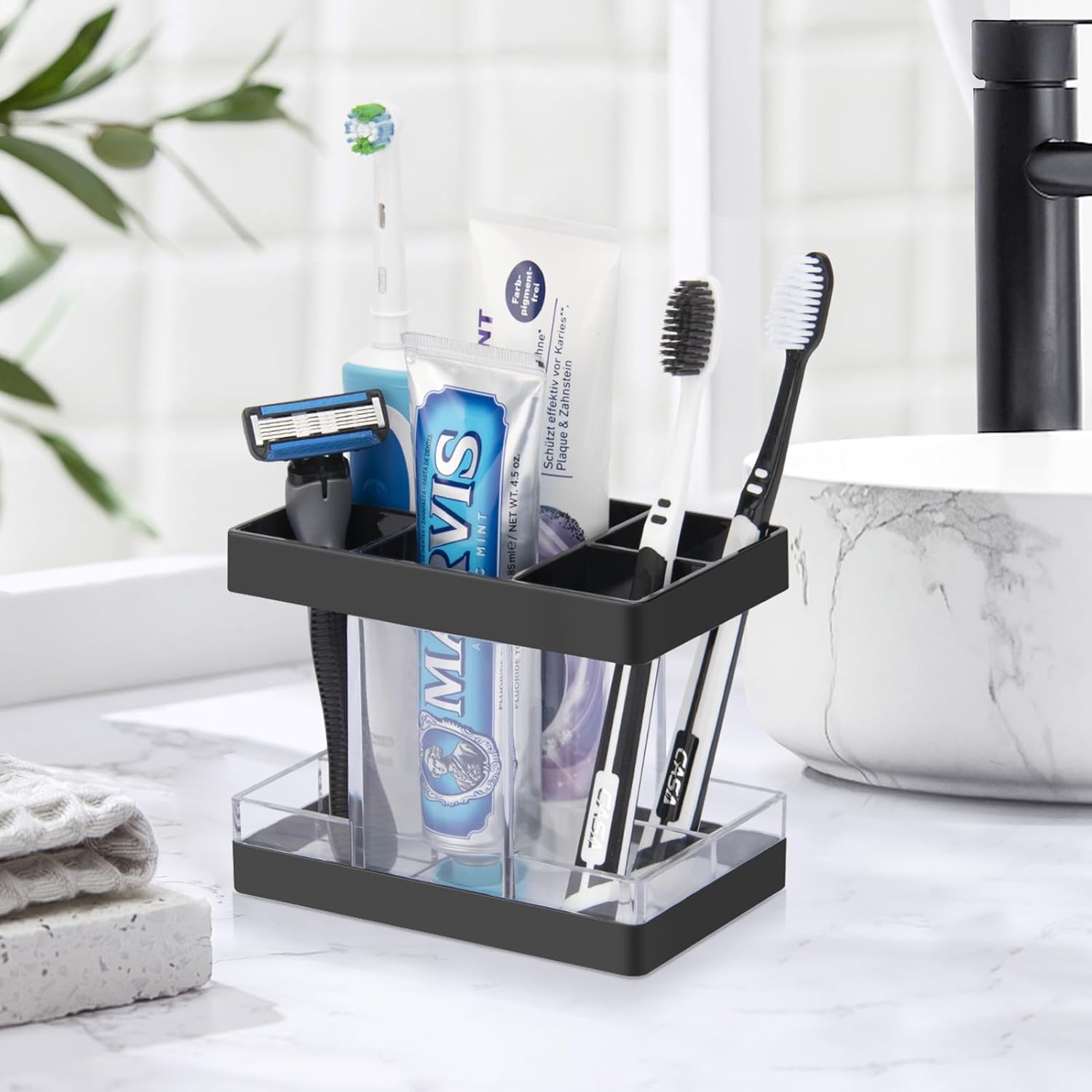 Toothbrush Holders for Bathrooms Countertop Organizer, 5 Slots Toothbrush and Toothpaste Holder (Clear/Black)