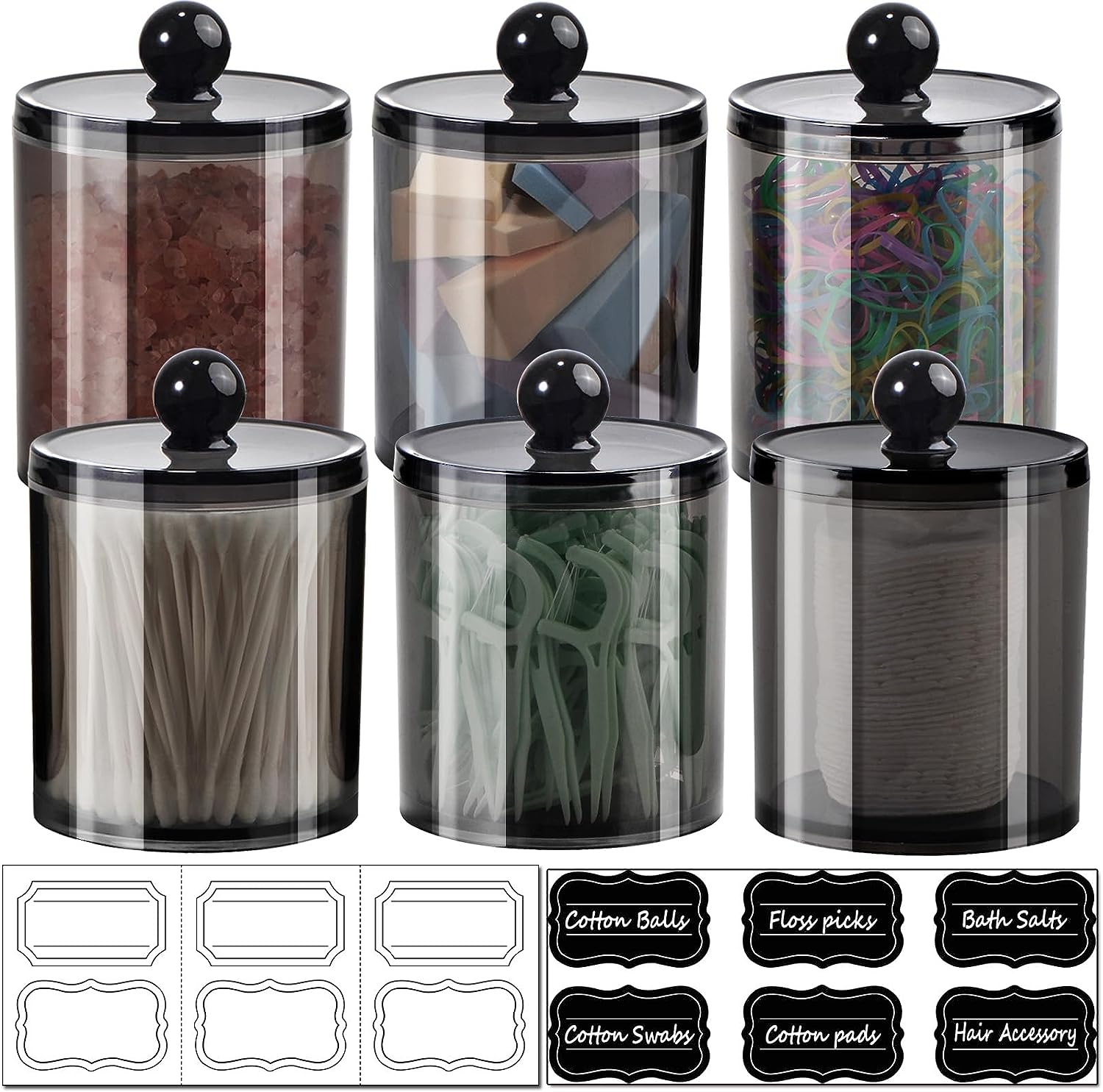 Holder Storage Canister 6 Pack of 12 Oz with Labels, Black