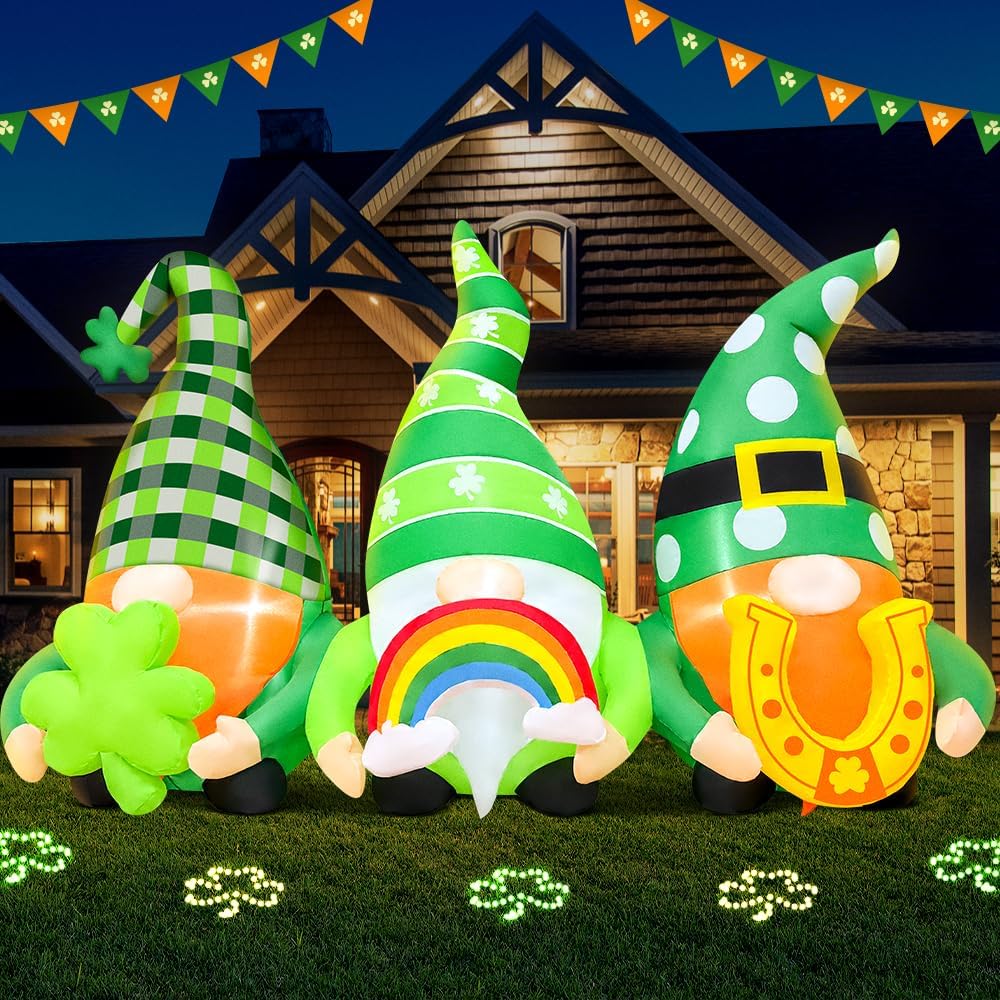 6FT Inflatables Outdoor Decorations Gnomes Inflatable with Shamrock Lucky Horseshoe with Lights for Holiday Home St Patrick's Day Decorations