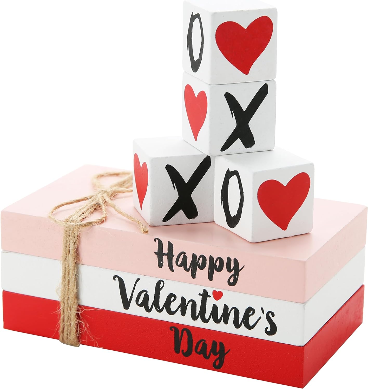 Valentine's Day Decorations for Home Faux Books with XOXO Love Blocks Valentines Wooden Sign Book Stack