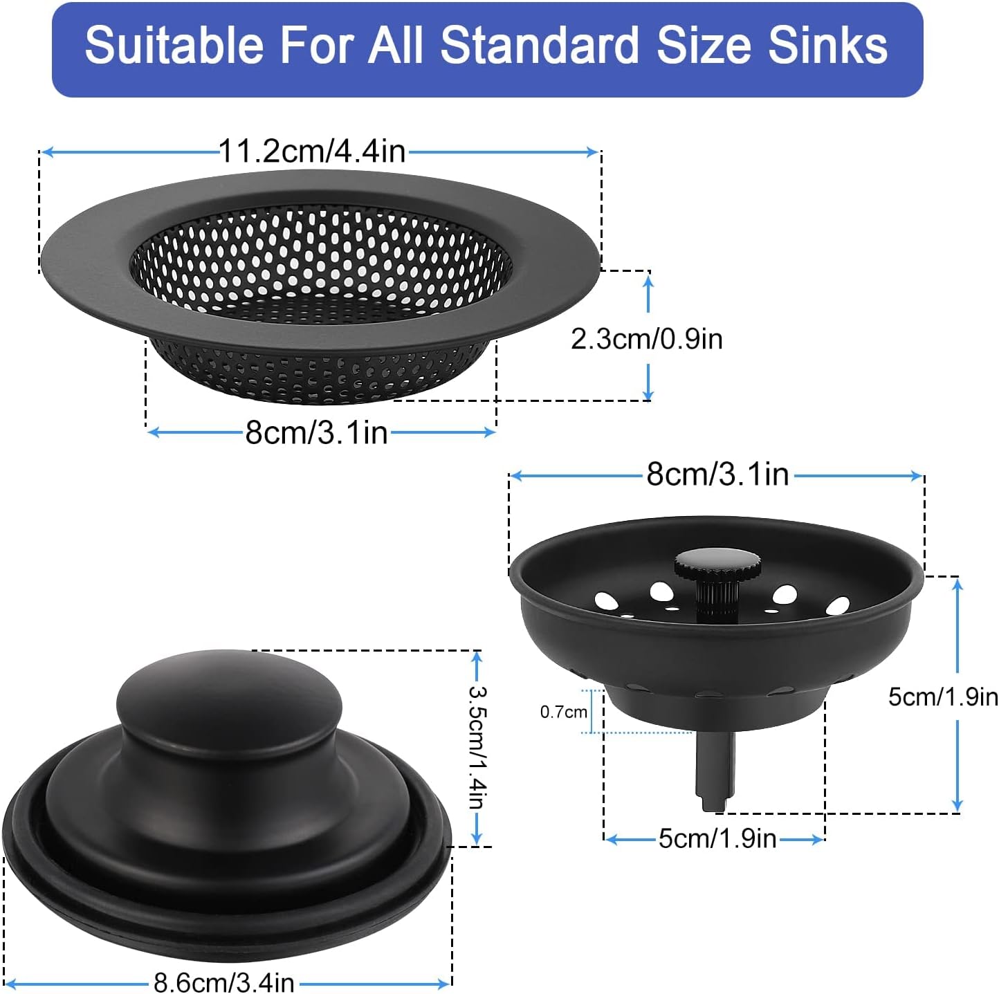 Kitchen Sink Stopper Strainer, 3 Pack Universal Anti-Clogging Sink Drain Strainer, Black