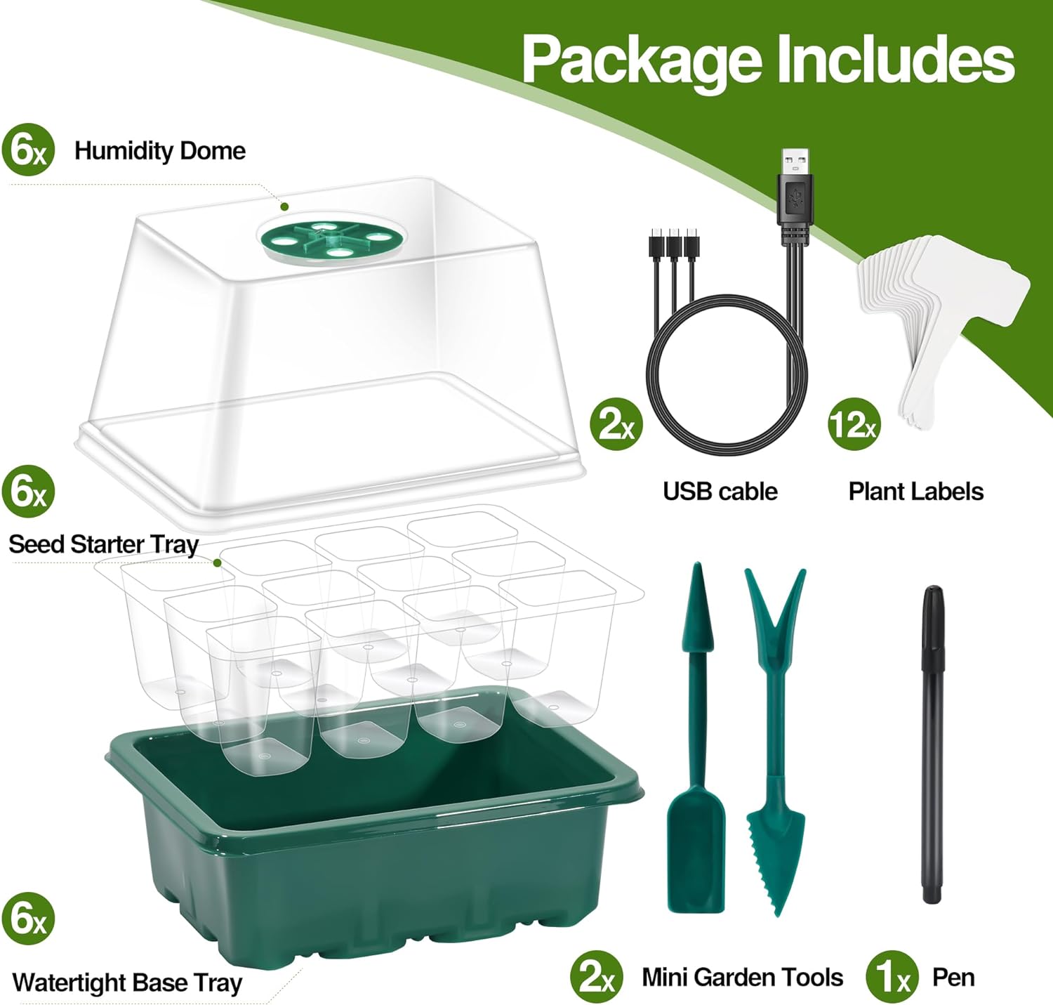 Seed Starter Tray with Grow Light, 6 Pack Seed Starting Kit with 72 Cells and Heightened Lid (Green)