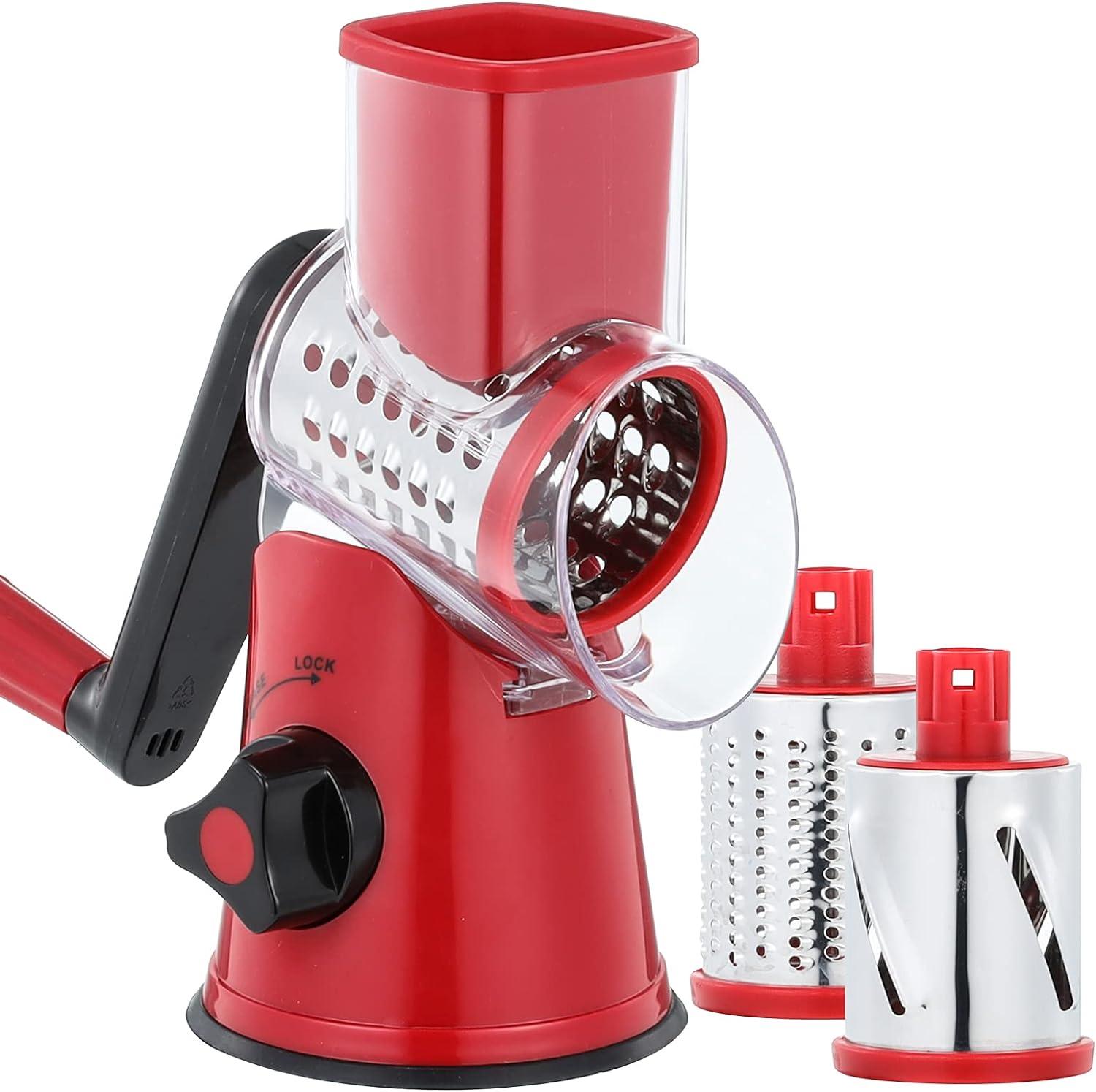 Kitchen Grater Vegetable Slicer with 3 Drum Blades for Vegetables and Nuts, Red