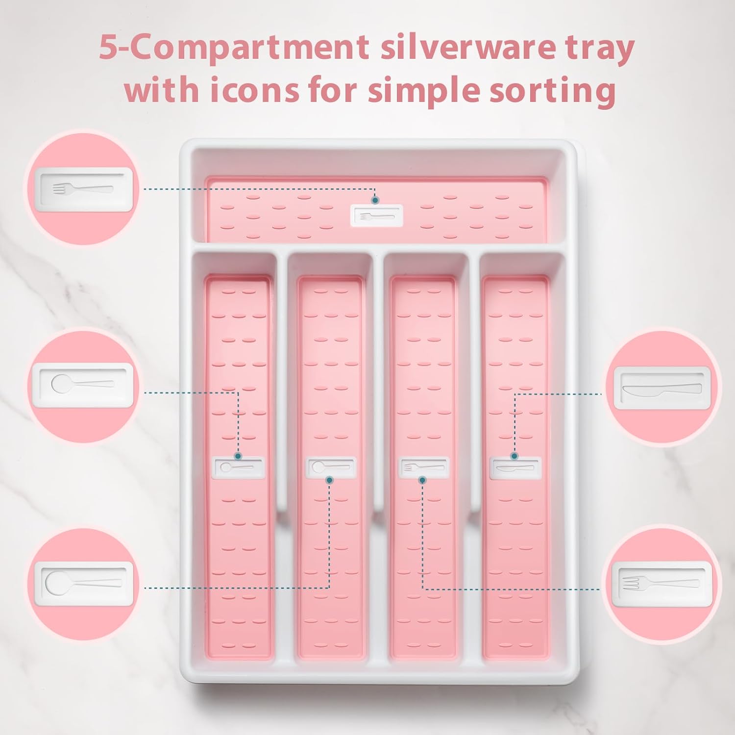 Plastic Silverware Organizer Tray for Drawer with Icons 5 Compartments, Pink