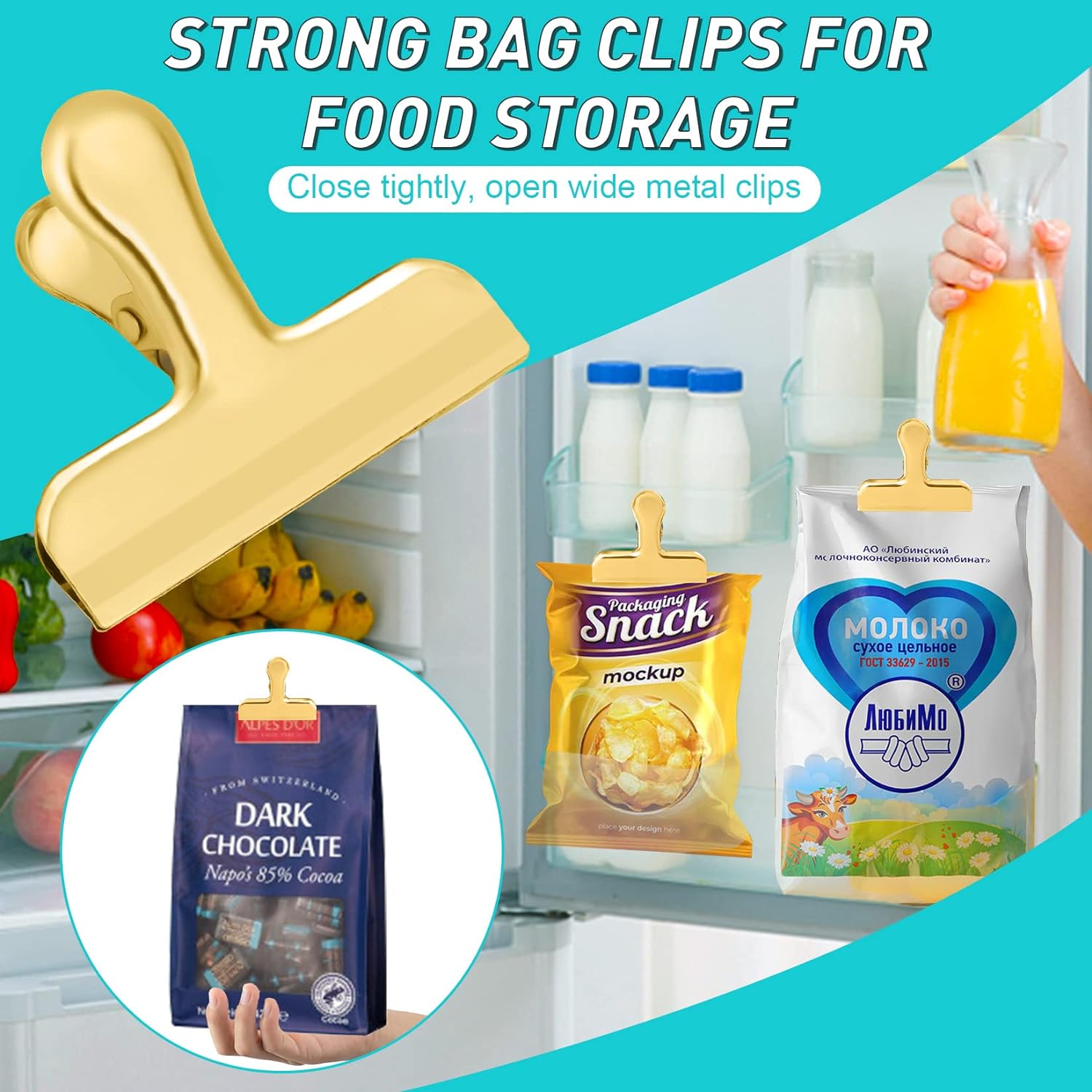 Chip Clips Bag Clips 3" 8 Pack Stainless Steel Gold Clips