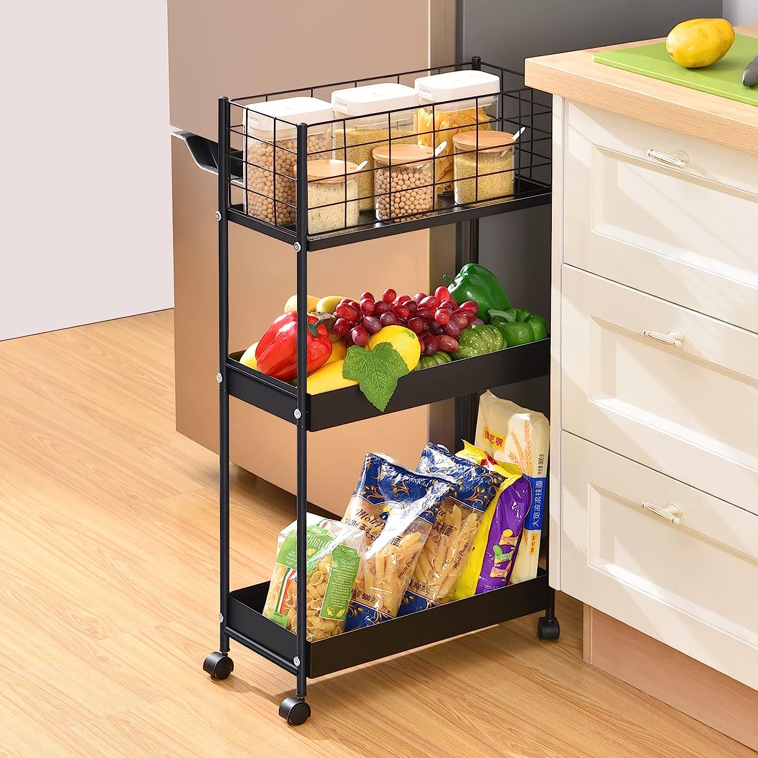 3-Tier Metal Rolling Utility Cart, Slide Out Storage Cart (Black)