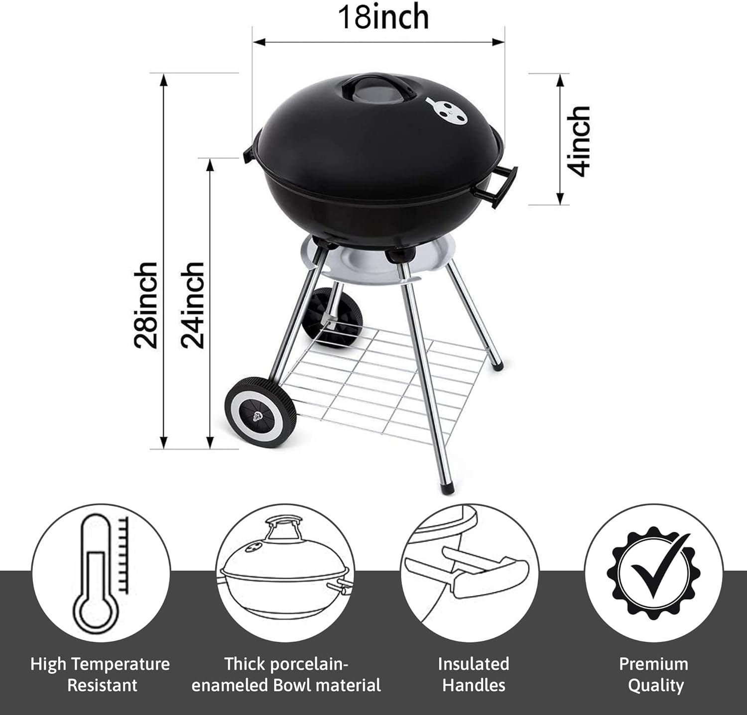 Outdoor 18 Inch Portable Charcoal Grill with Wheels with Thickened Grilling Bowl Wheels