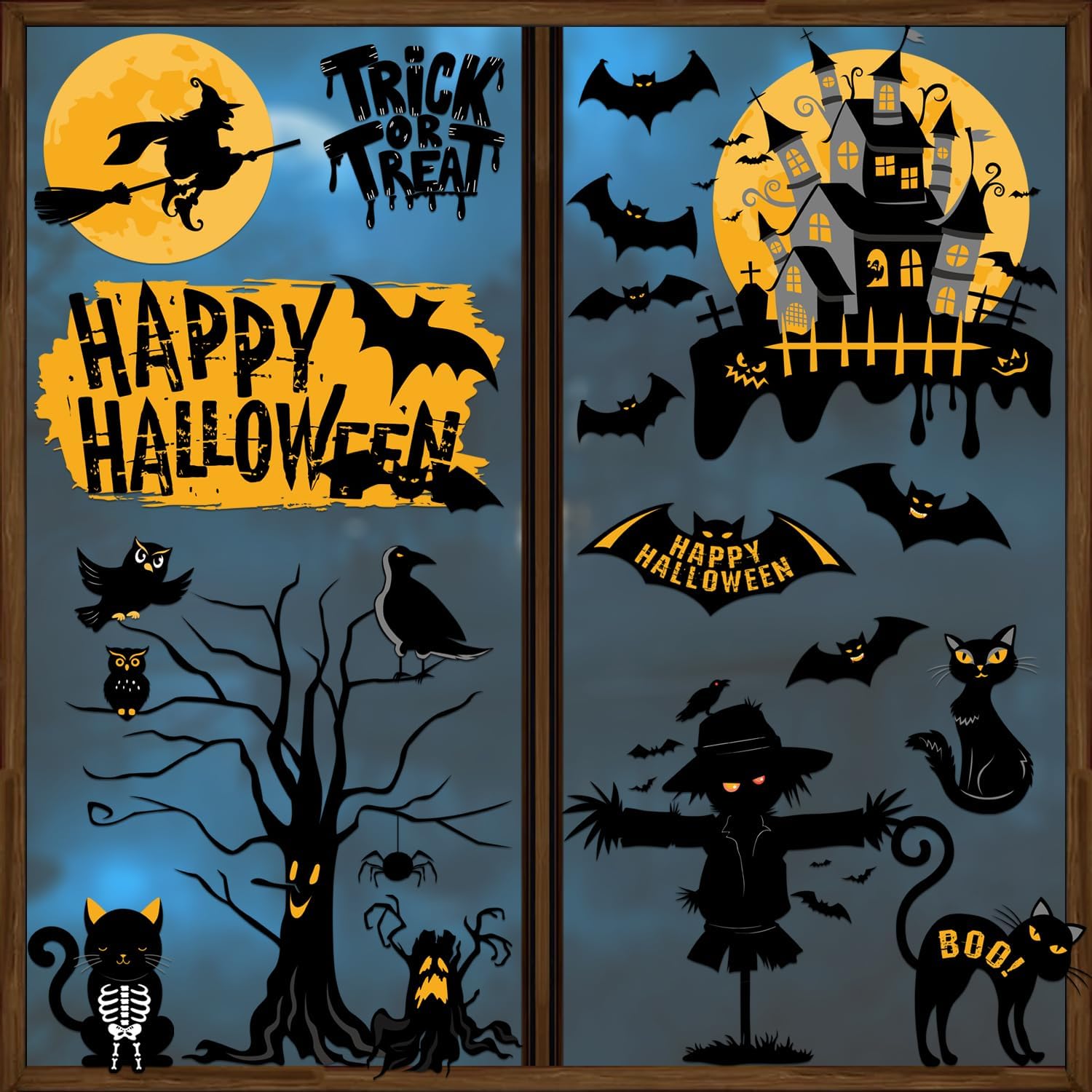 Halloween Crows Bats Spiders Ghost Window Stickers 6 Sheets Window Clings