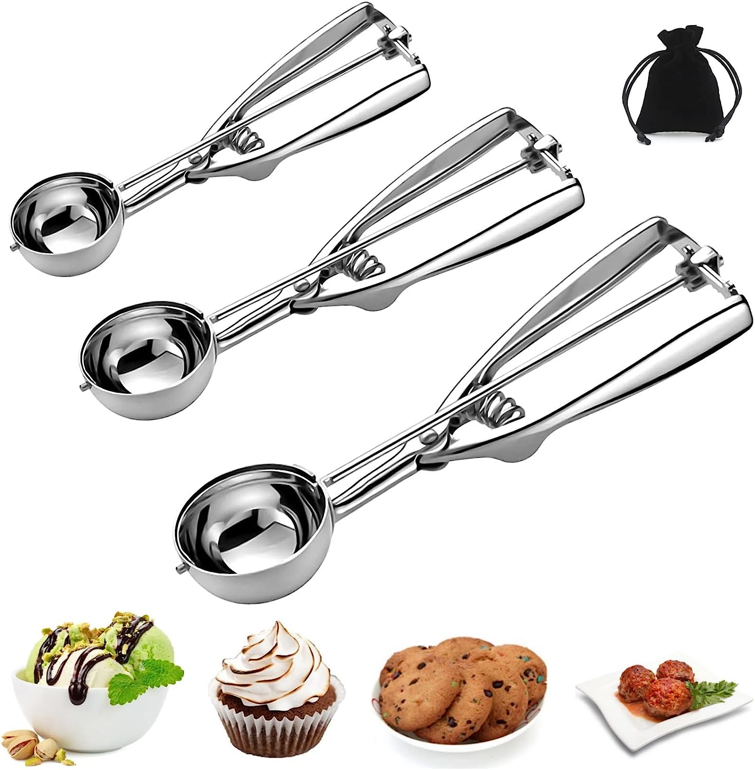 Ice Cream Scoop Stainless Steel Cookie Scoops for Baking Set of 3