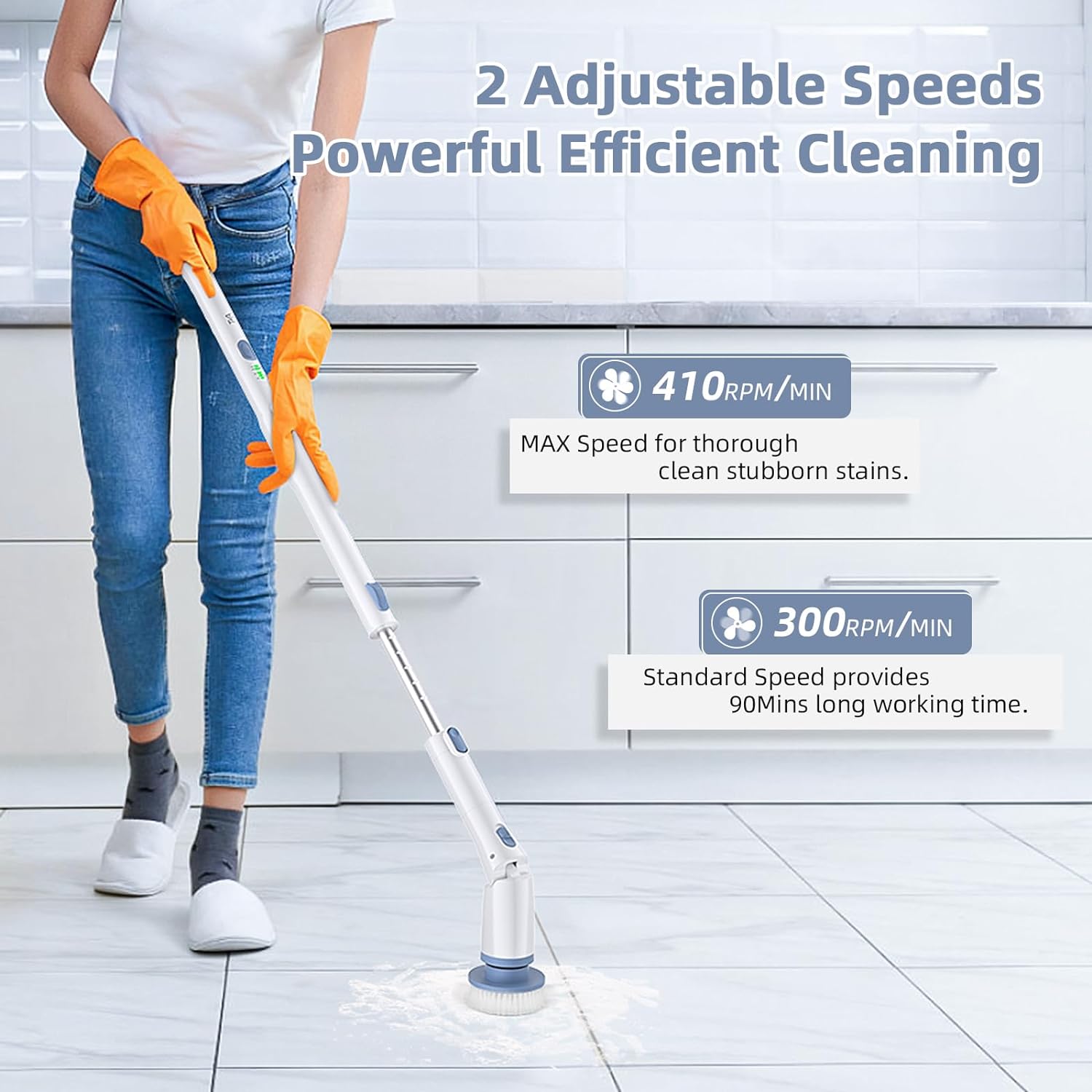 Electric Spin Scrubber with Adjustable Extension Arm and 4 Replaceable Brush Heads, 2 Speeds Mode 1.5H Long Time Cleaning