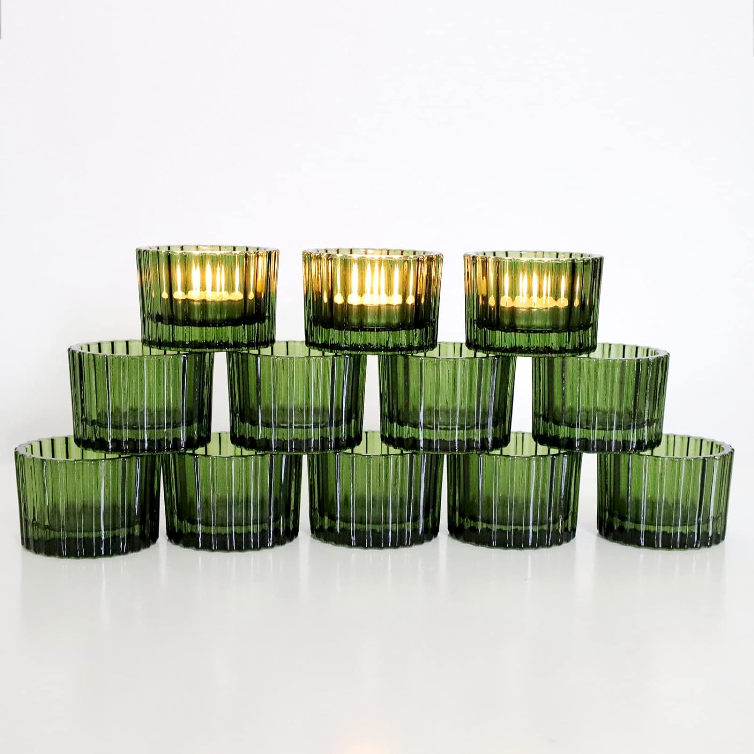 Candle Holder Green 24 Pieces for Christmas Decorations, Ribbed Glass Tealight Candle Holder for Wedding