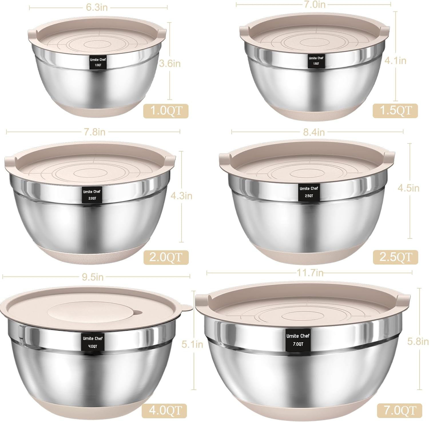 Mixing Bowls with Airtight Lids 26 Pieces Set Stainless Steel Khaki Bowls with Grater Attachments