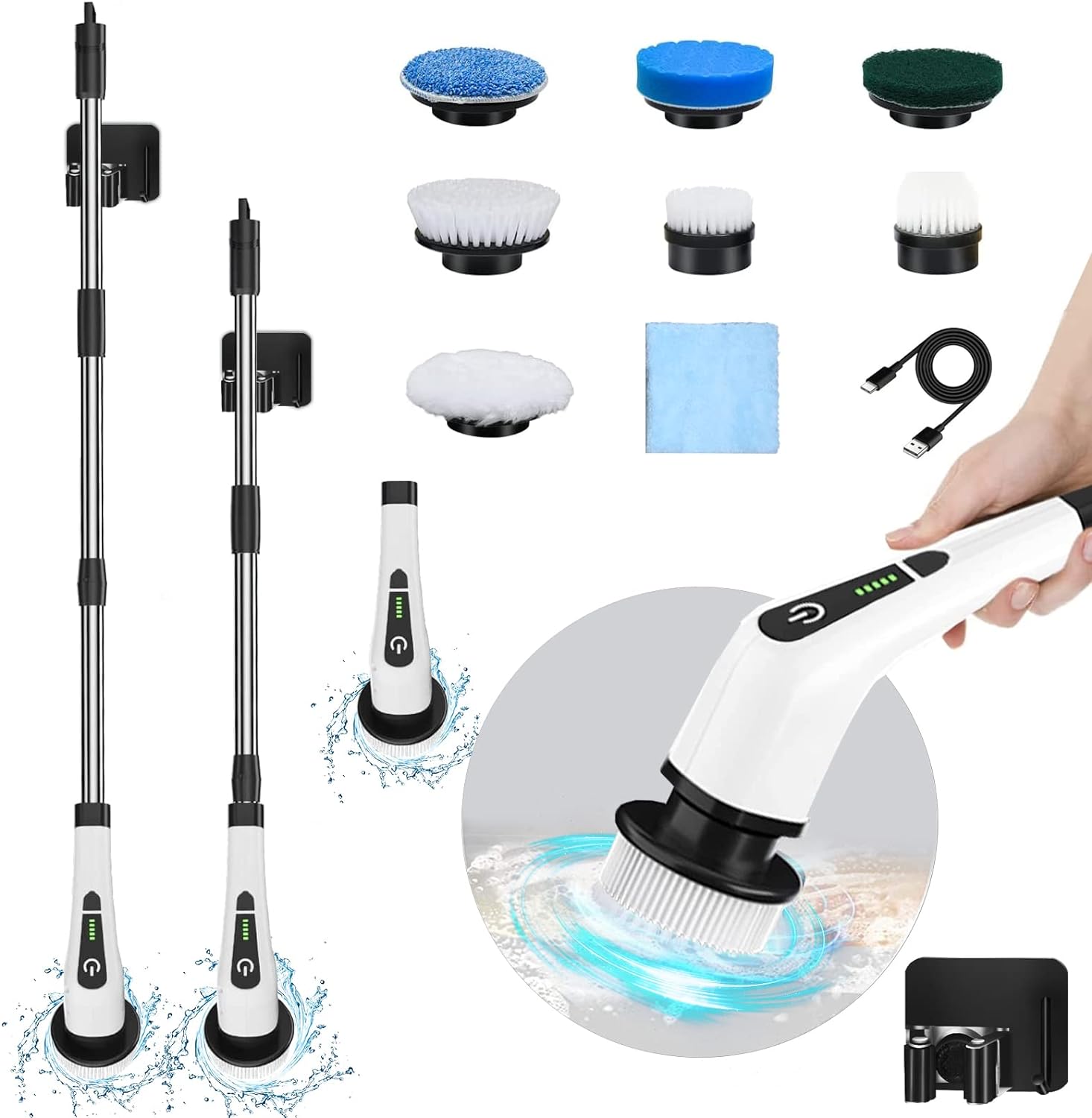 Cordless Cleaning Brush with 7 Replaceable Drill Brush Heads and 54" Adjustable Extension Arm