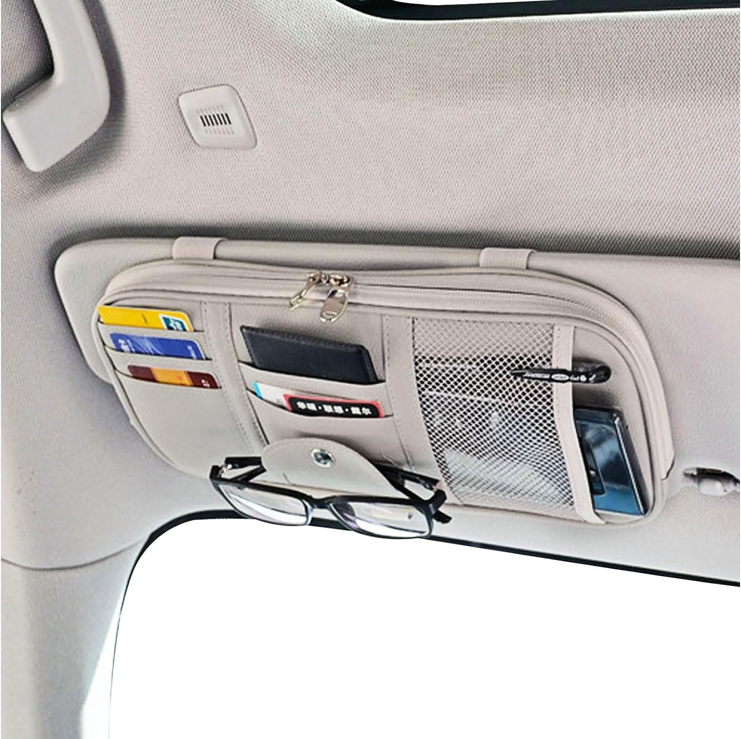 Car Sun Visor Organizer with Multi-Pocket Net Zippers, Gray