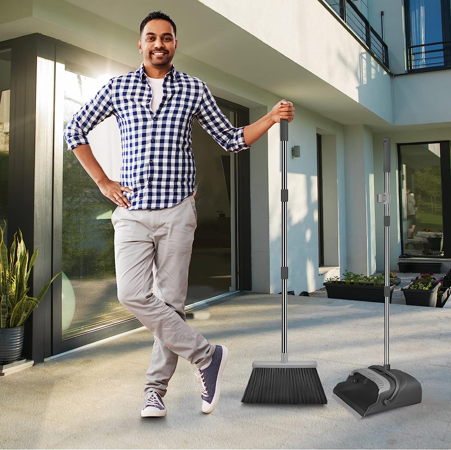 Home Broom and Dustpan Set (Black & Gray)