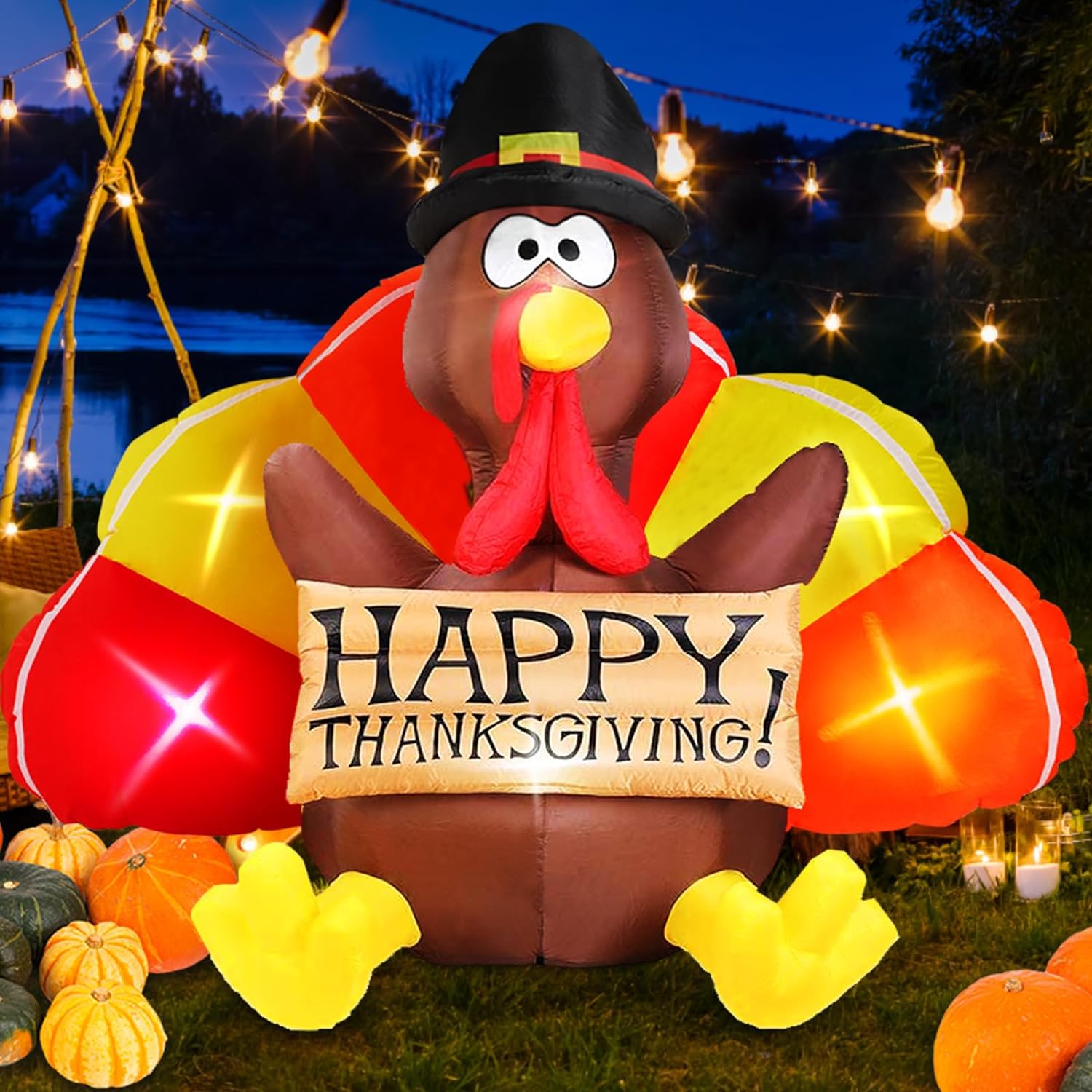 Inflatable Turkey Blow up Yard Decoration 6 FT Turkey with Colorful Big Tail & Pilgrim Hat Thanksgiving Inflatables