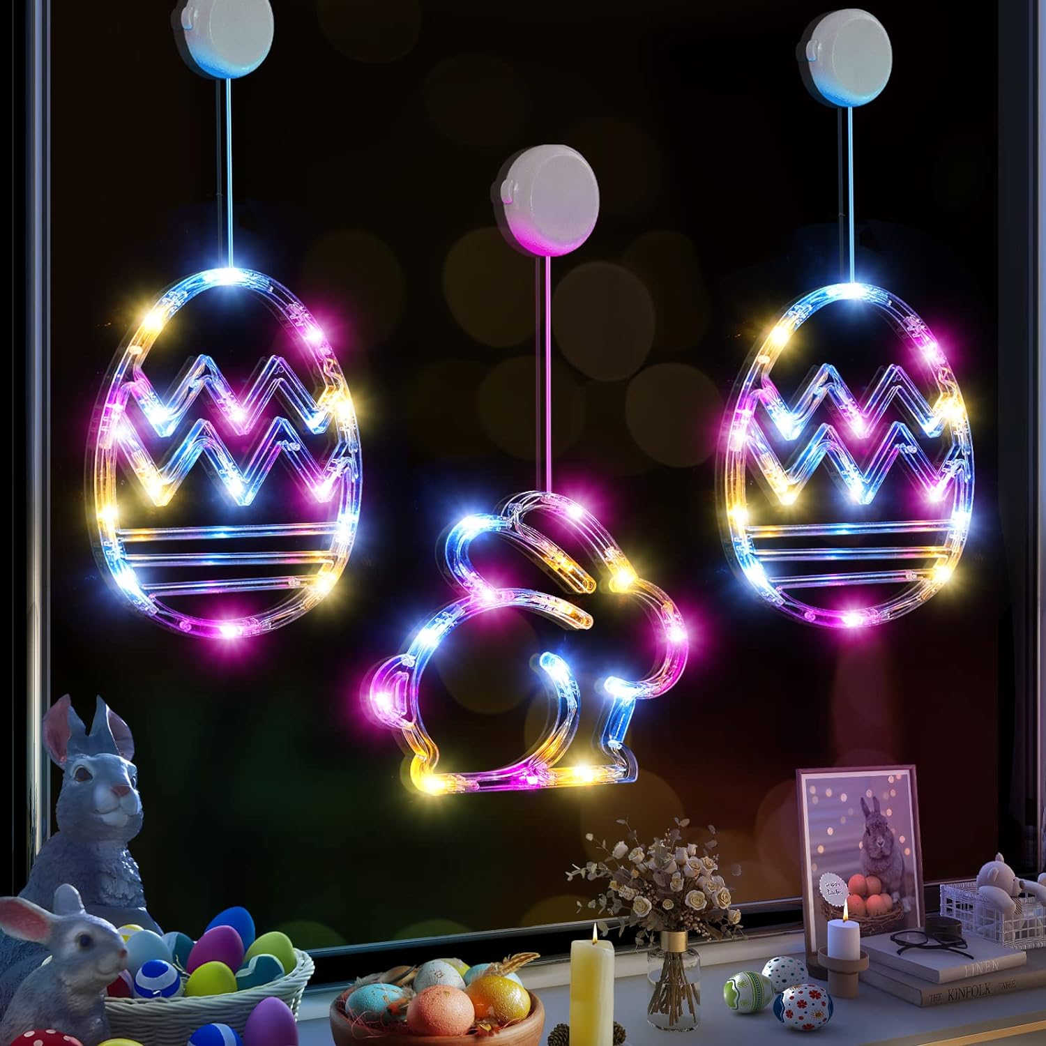 Easter Window Lights 3 Pack Decoration with Suction Cup, Battery Operated Indoor Lights for Easter Home Decor