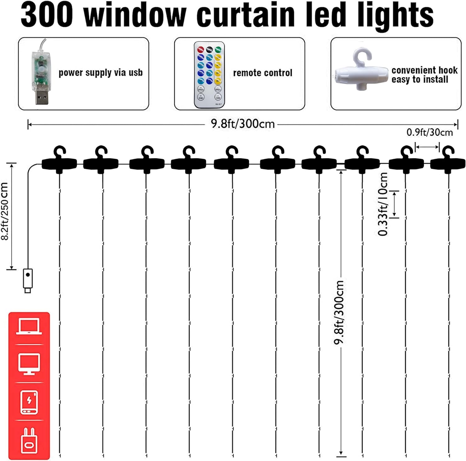 Christmas Curtain String Lights, Waterproof 300 LEDs 8 Lighting Modes Fairy Lights USB Powered, White