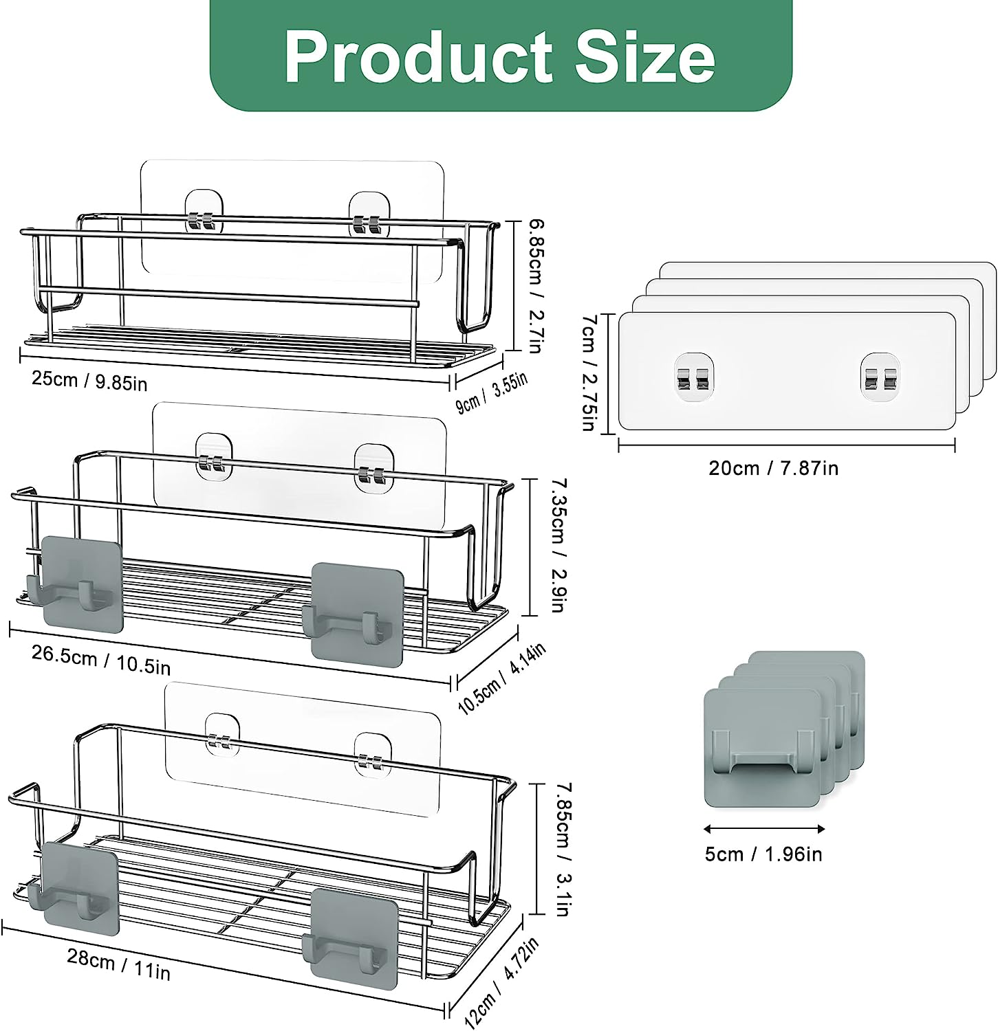 Bathroom Organizer Hanging Shower Caddy Stainless Steel with 4 Plastic Hooks and 4 Adhesives