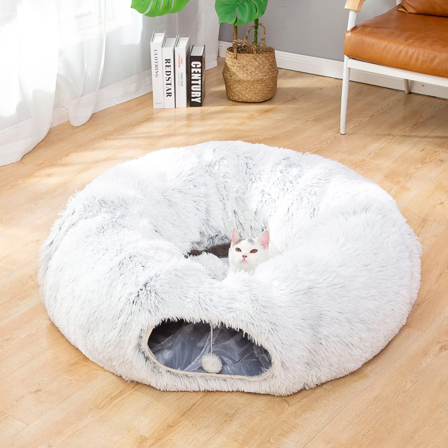 Cat Dog Warm Fluffy Plush Tunnel Bed 3 FT Diameter Longer Crinkle Collapsible 3 Way, White