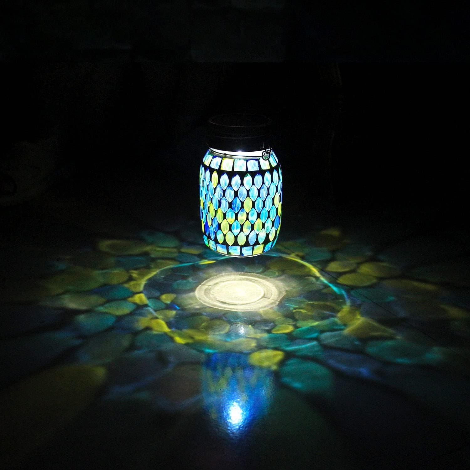 Mosaic Solar Lanterns Outdoor Hanging Lights Waterproof Solar Night Lights, Cool Blue