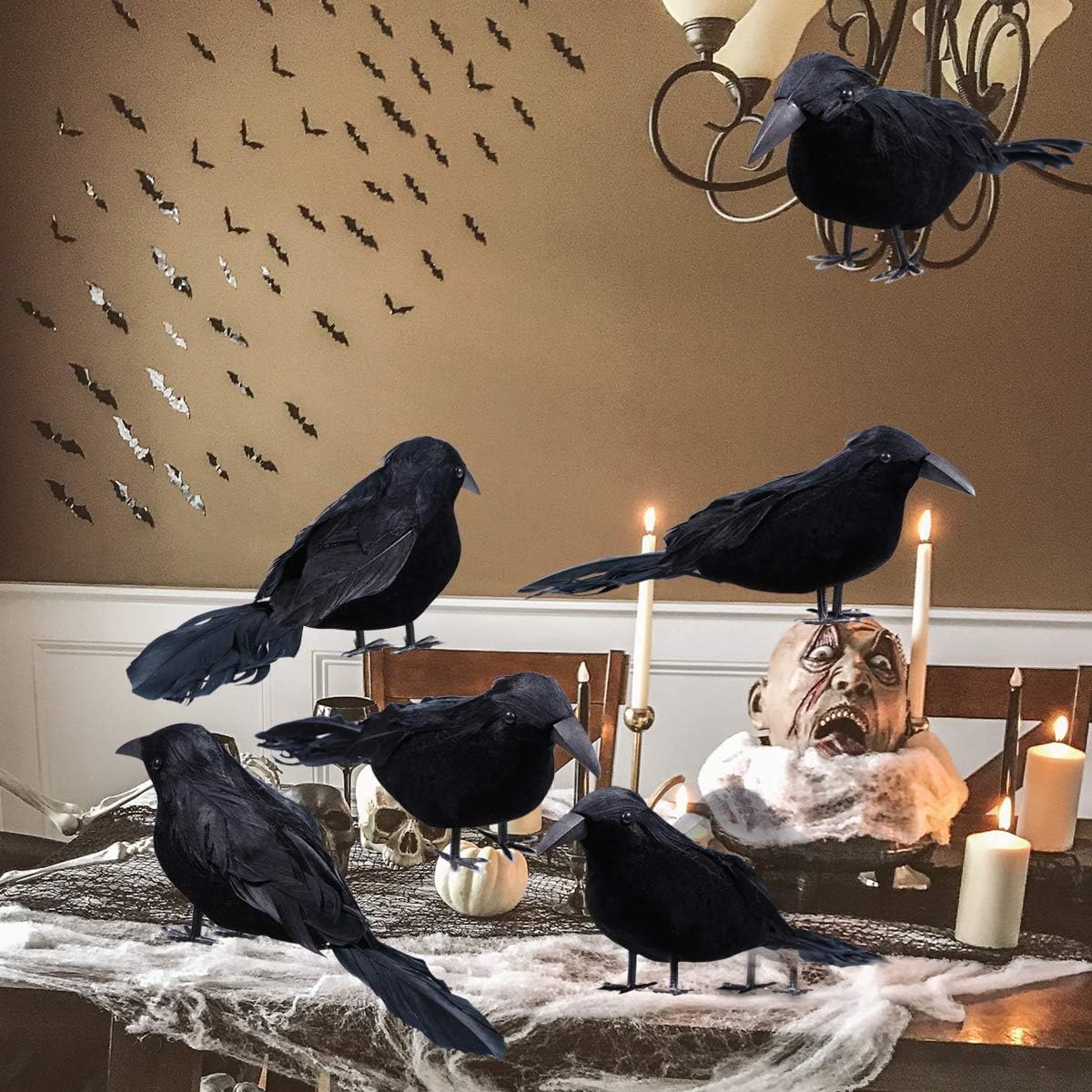 Black Feathered Crows 6 Pack Halloween Decorations Realistic Bird Halloween