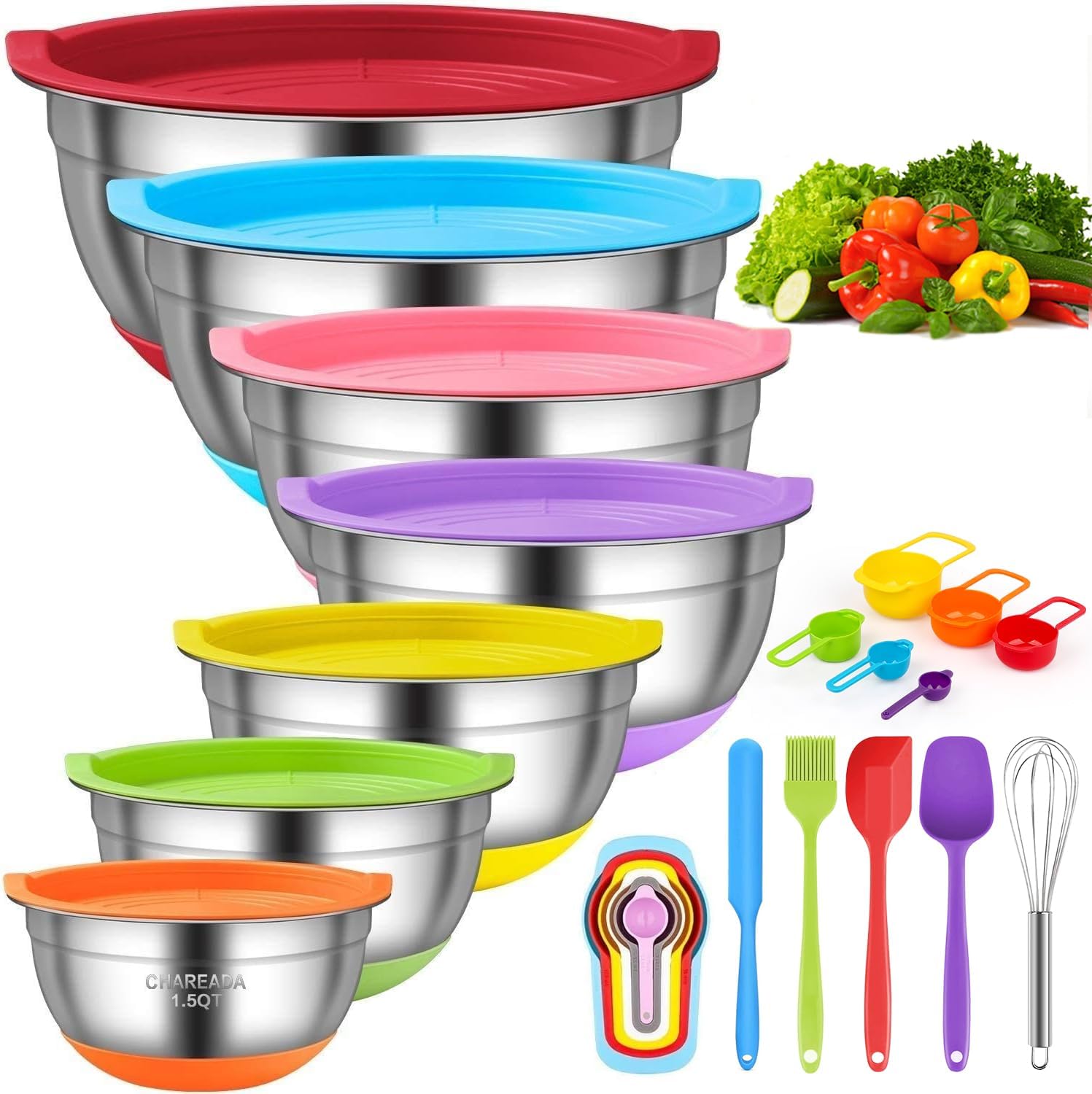 Colorful Mixing Bowls 18 Pieces Stainless Steel Nesting Colorful Mixing Bowls Set