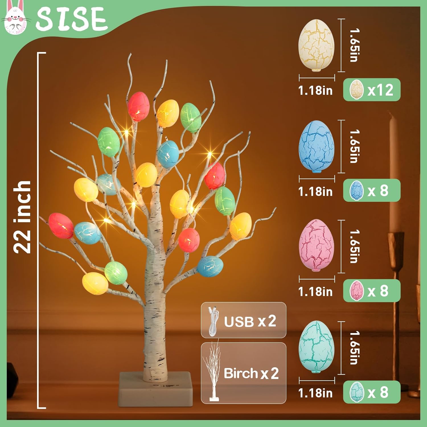 Easter Egg Tree Lighted Easter Tree Battery Operated LED USB with Timer, Set of 2