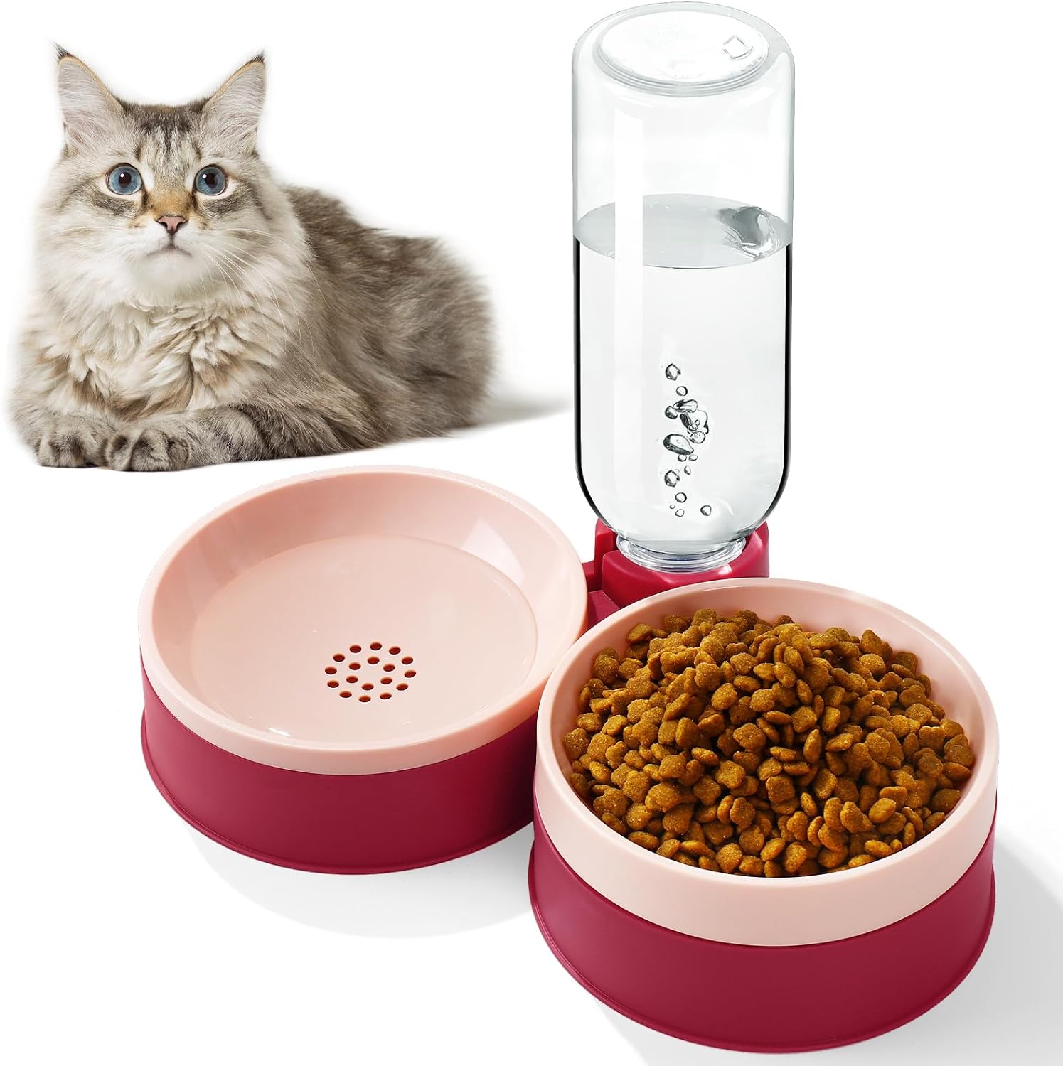 Cat Food Bowl with Water Dispenser for Cats and Small Dogs, Red